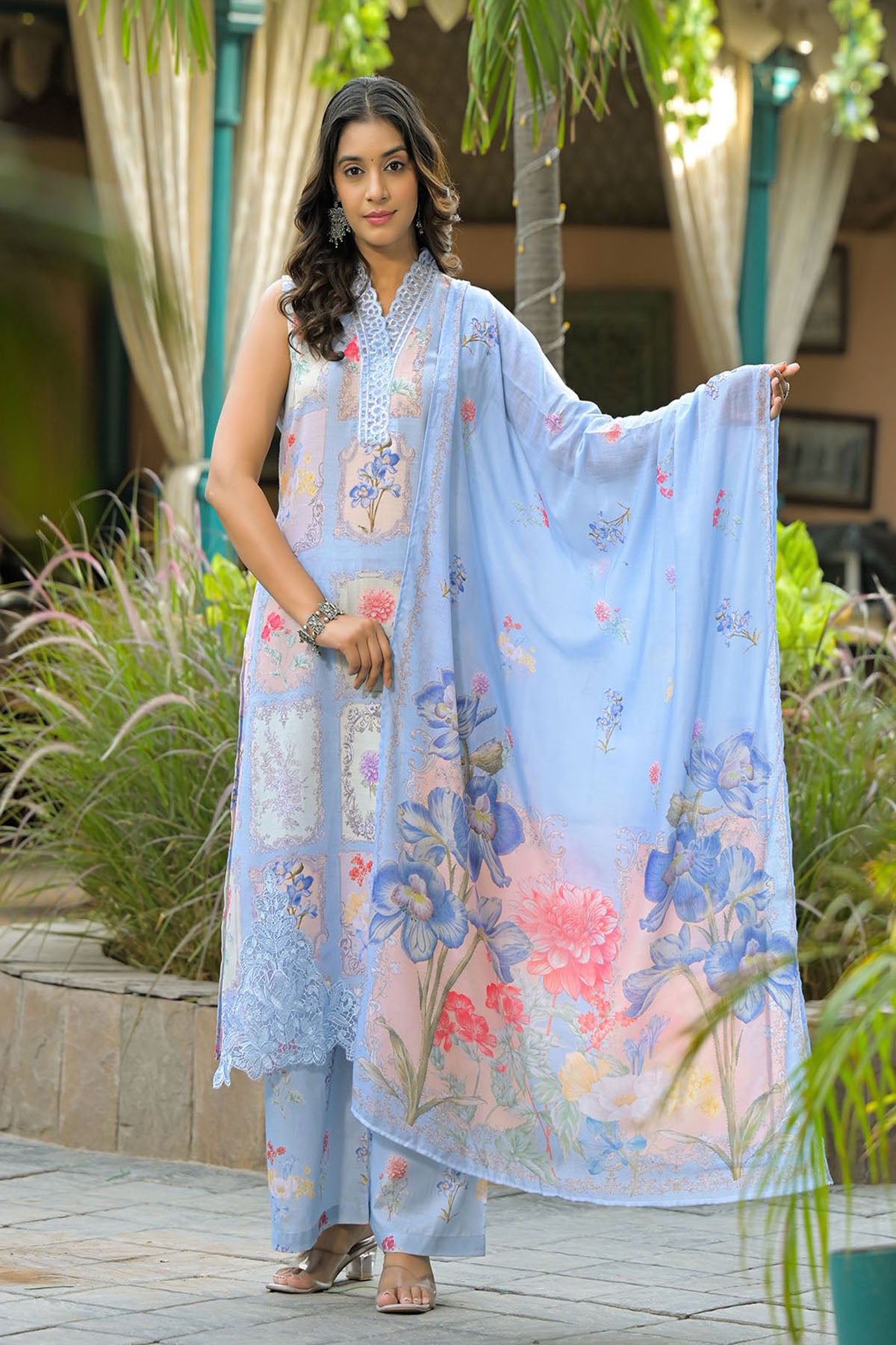 Blue Cotton Embroidered Straight-Cut Suit