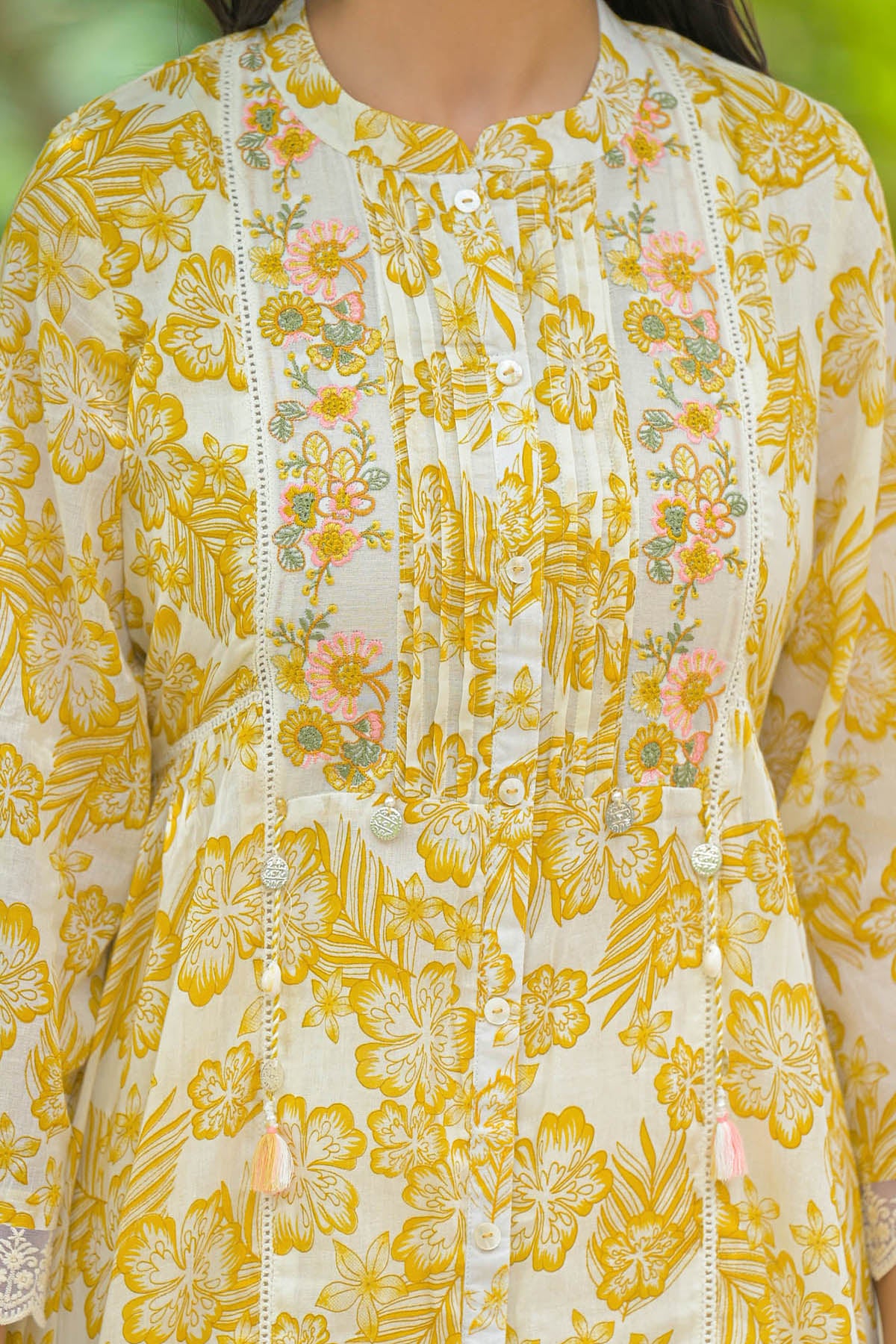 Yellow Floral Cotton Embroidered A-Line Suit Set | Bairaas