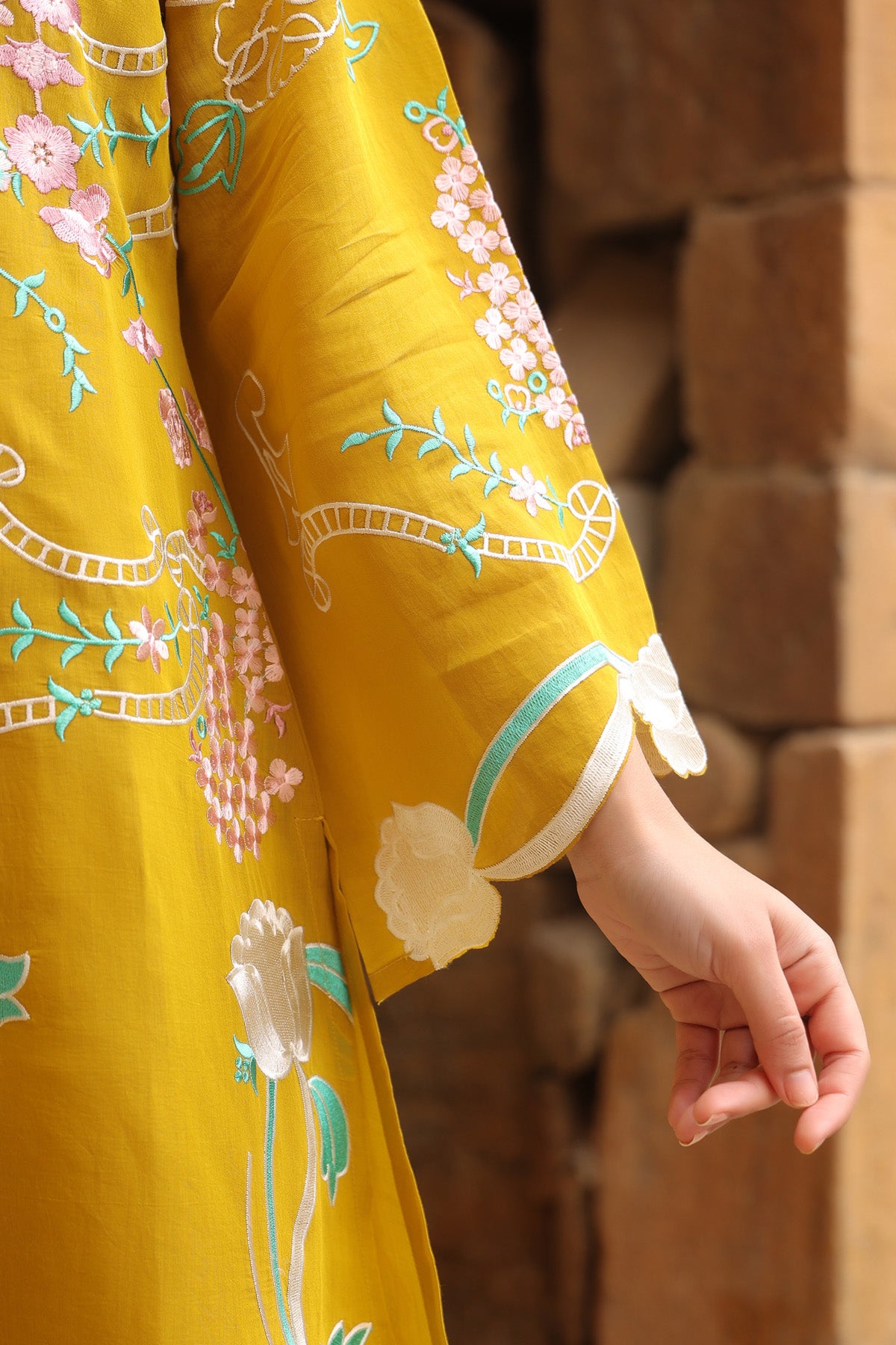 YELLOW MUL CHANDERI STRAIGHT KURTA WITH PANT AND DUPATTA