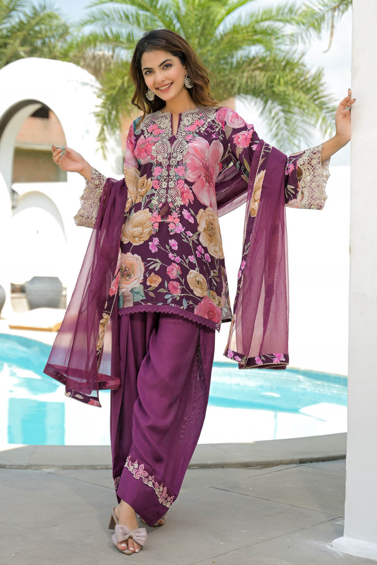 Brown Crepe Embroidered Farsi Salwar Set