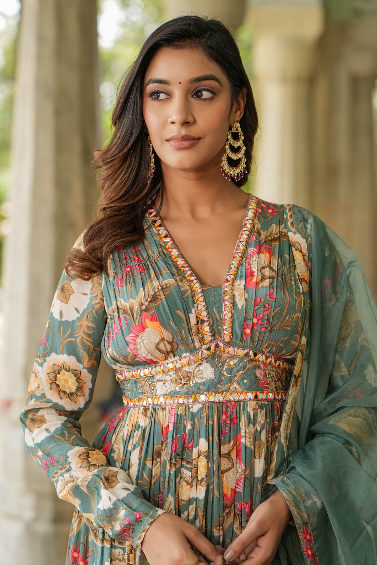 Green Floral Viscose Crepe Handwork Anarkali Suit