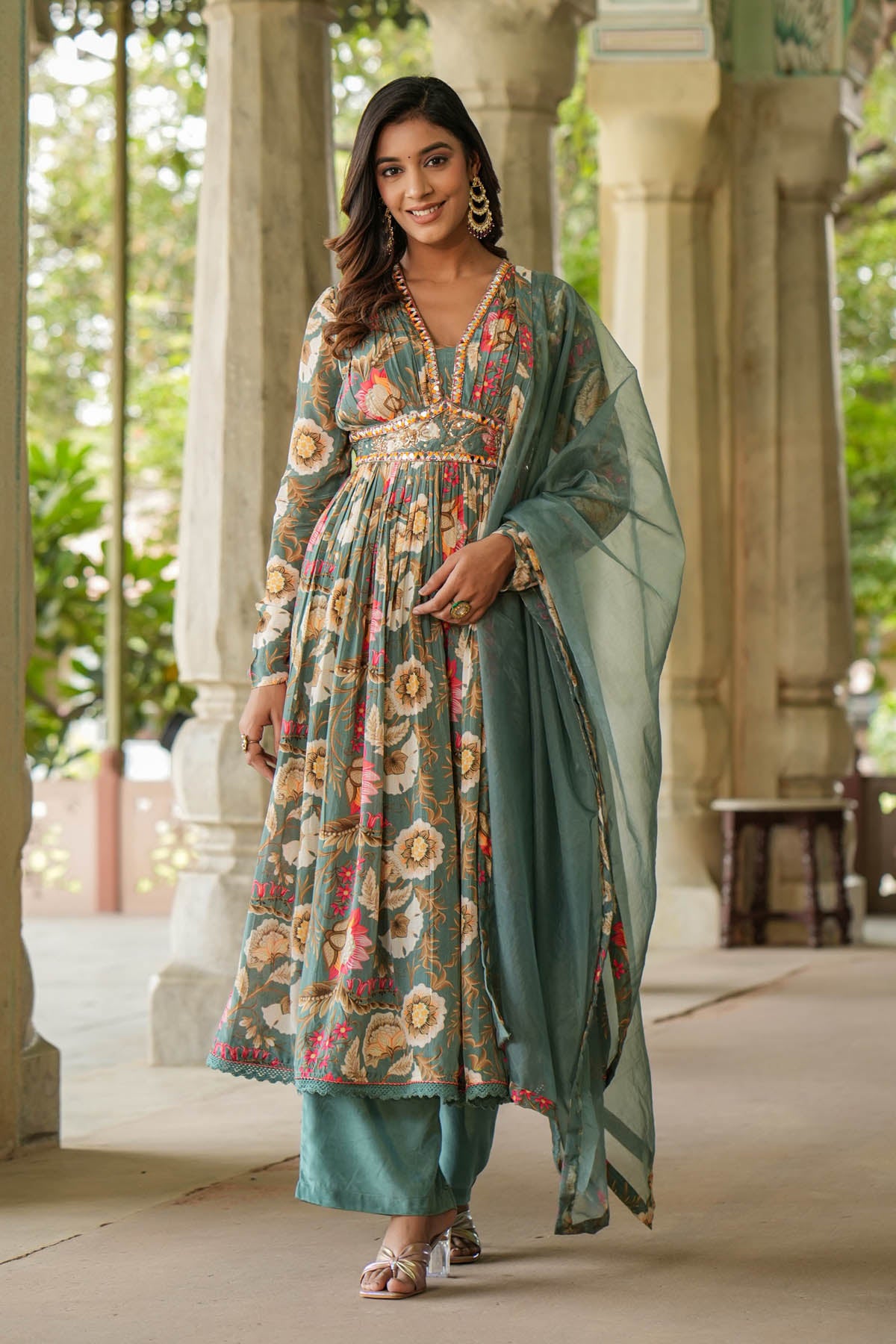 Green Floral Viscose Crepe Handwork Anarkali Suit