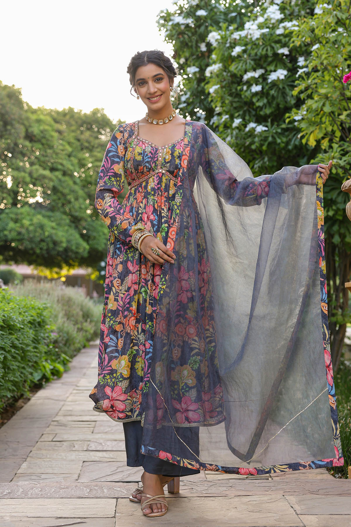 Grey Floral Viscose Crepe Anarkali Suit