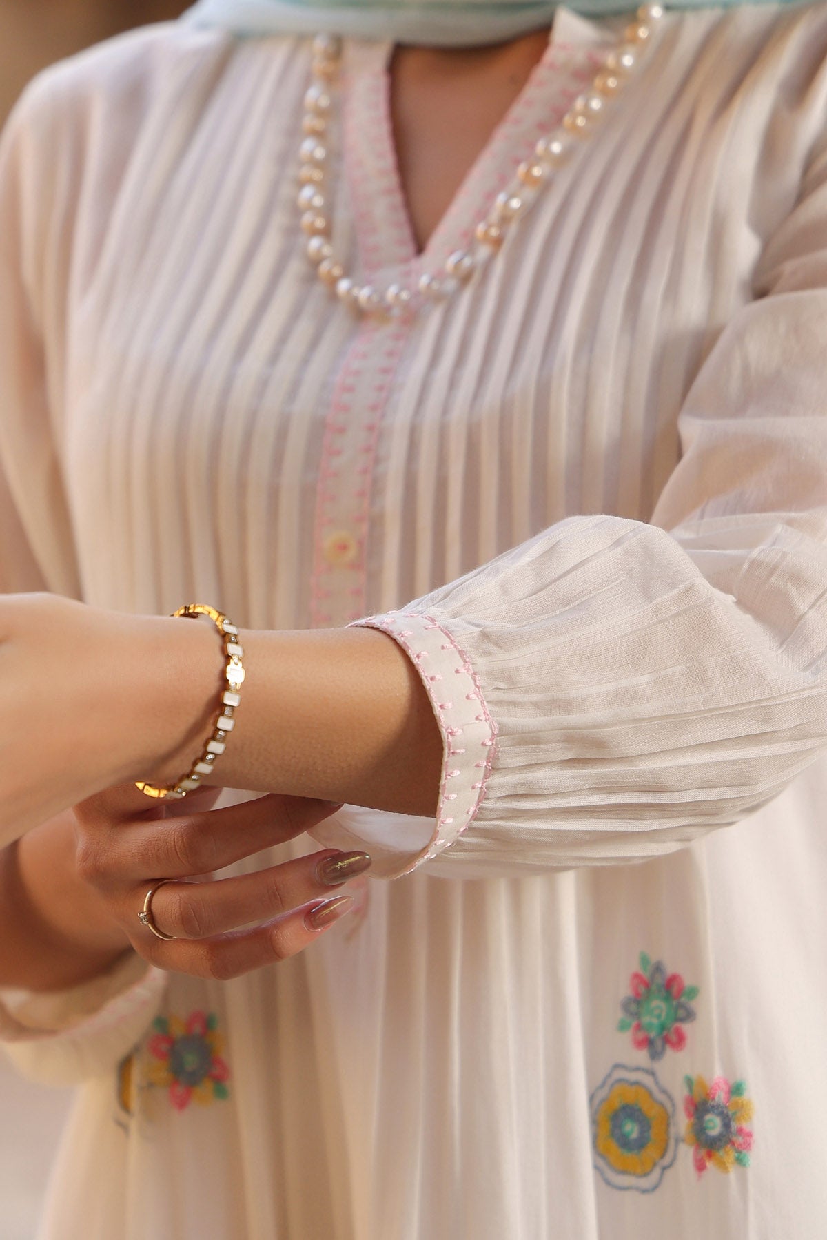 WHITE MULMUL A -LINE KURTA WITH PANT AND DUPATTA