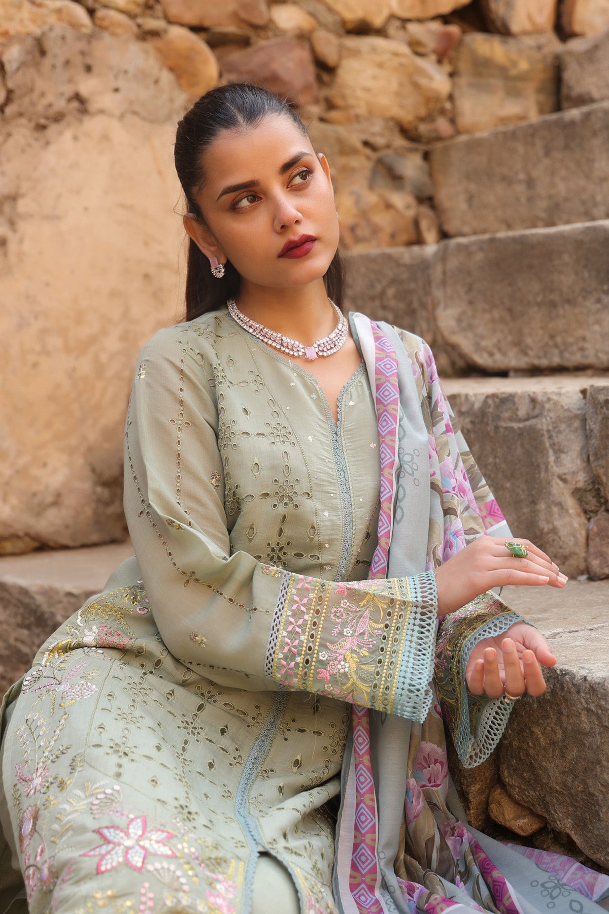 GREEN MUL CHANDERI STRAIGHT KURTA WITH PANT AND DUPATTA