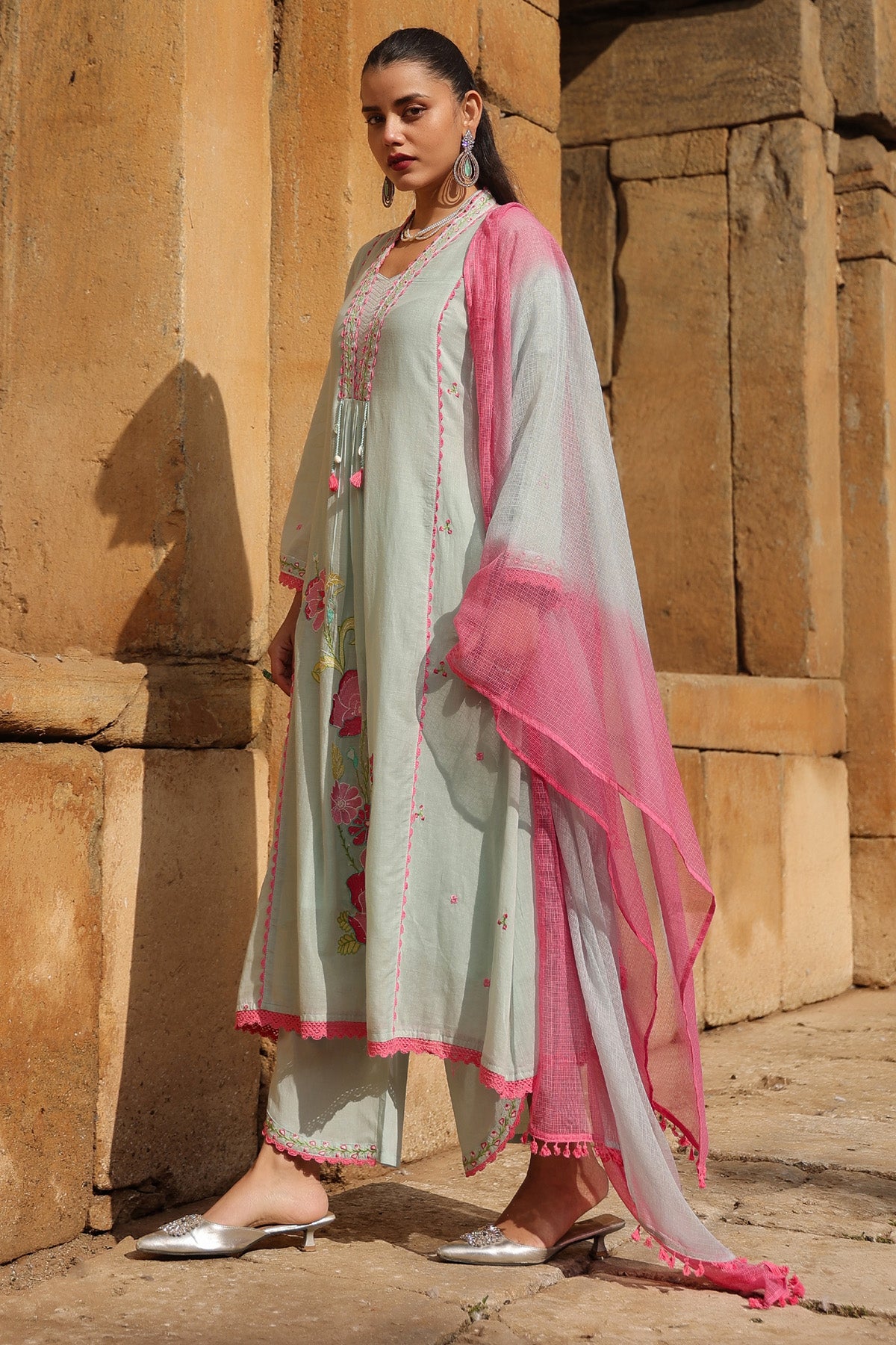 GREEN MULMUL A -LINE KURTA WITH PANT AND DUPATTA