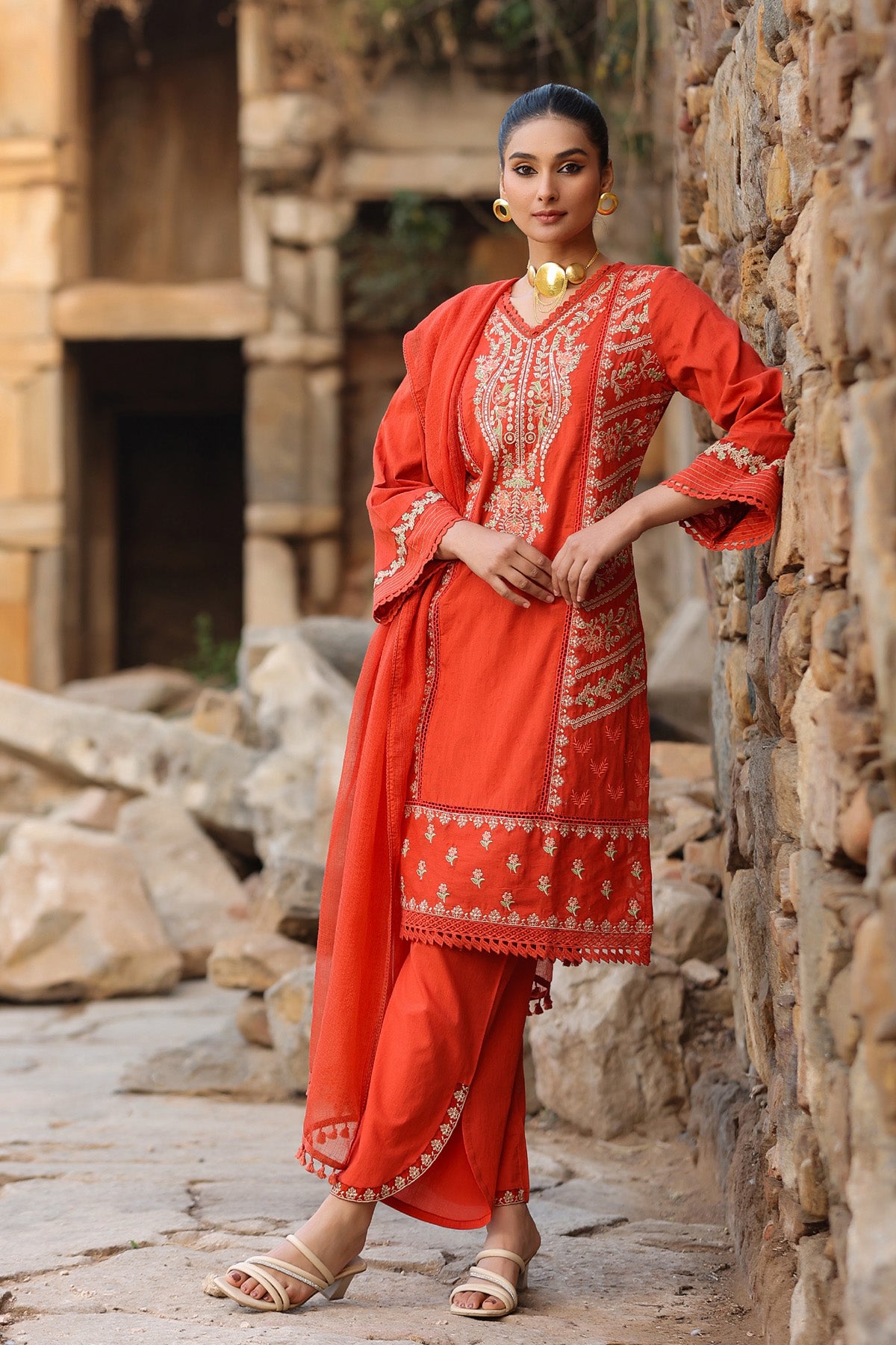 RED COTTON STRAIGHT KURTA WITH PANT AND DUPATTA