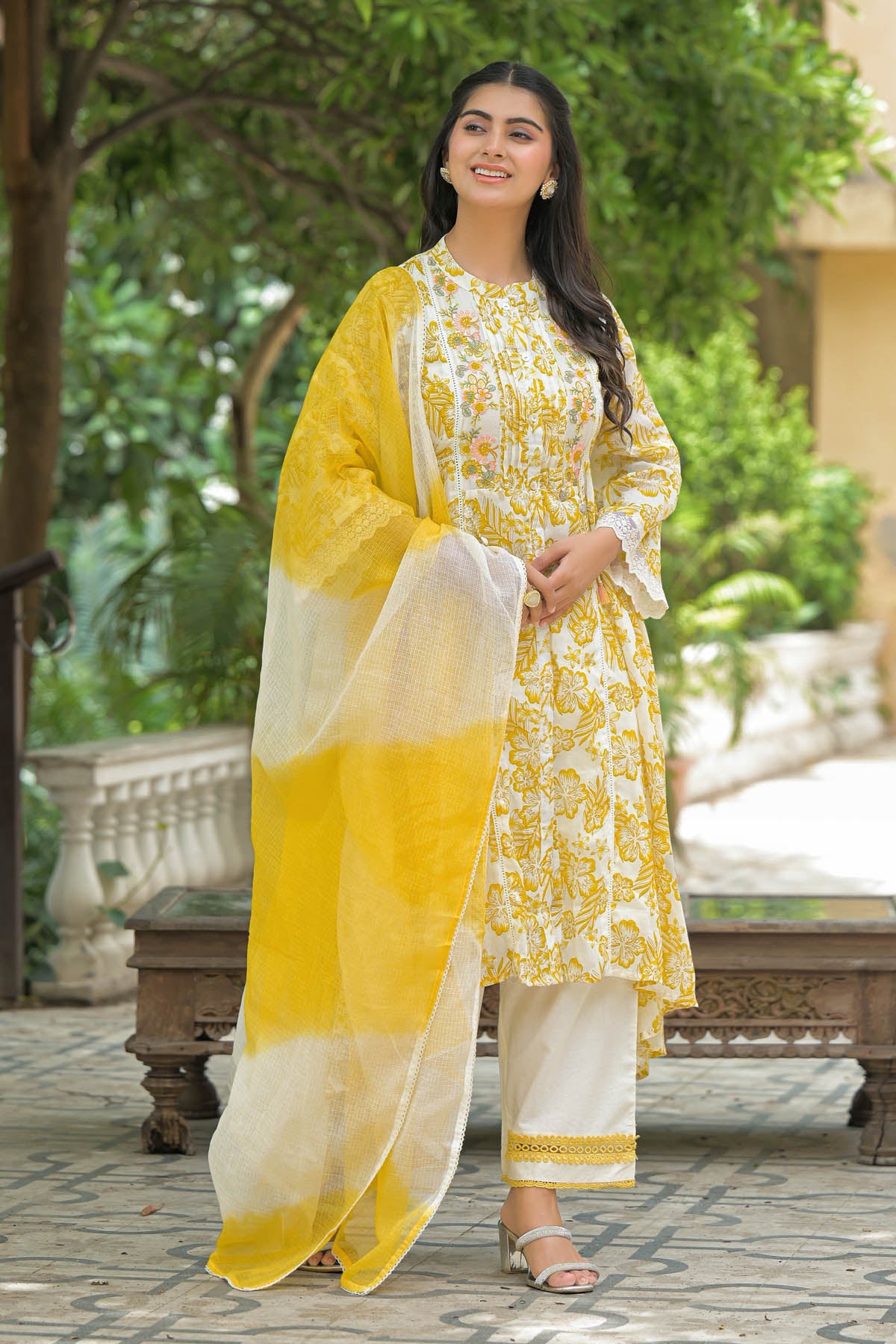 Yellow Floral Cotton Embroidered A-Line Suit Set | Bairaas