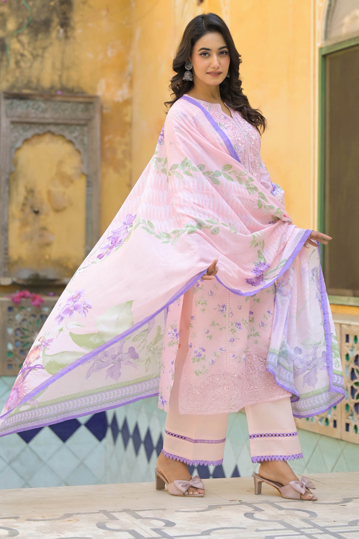 Pink Multicolor Cotton Printed Straight Cut Suit