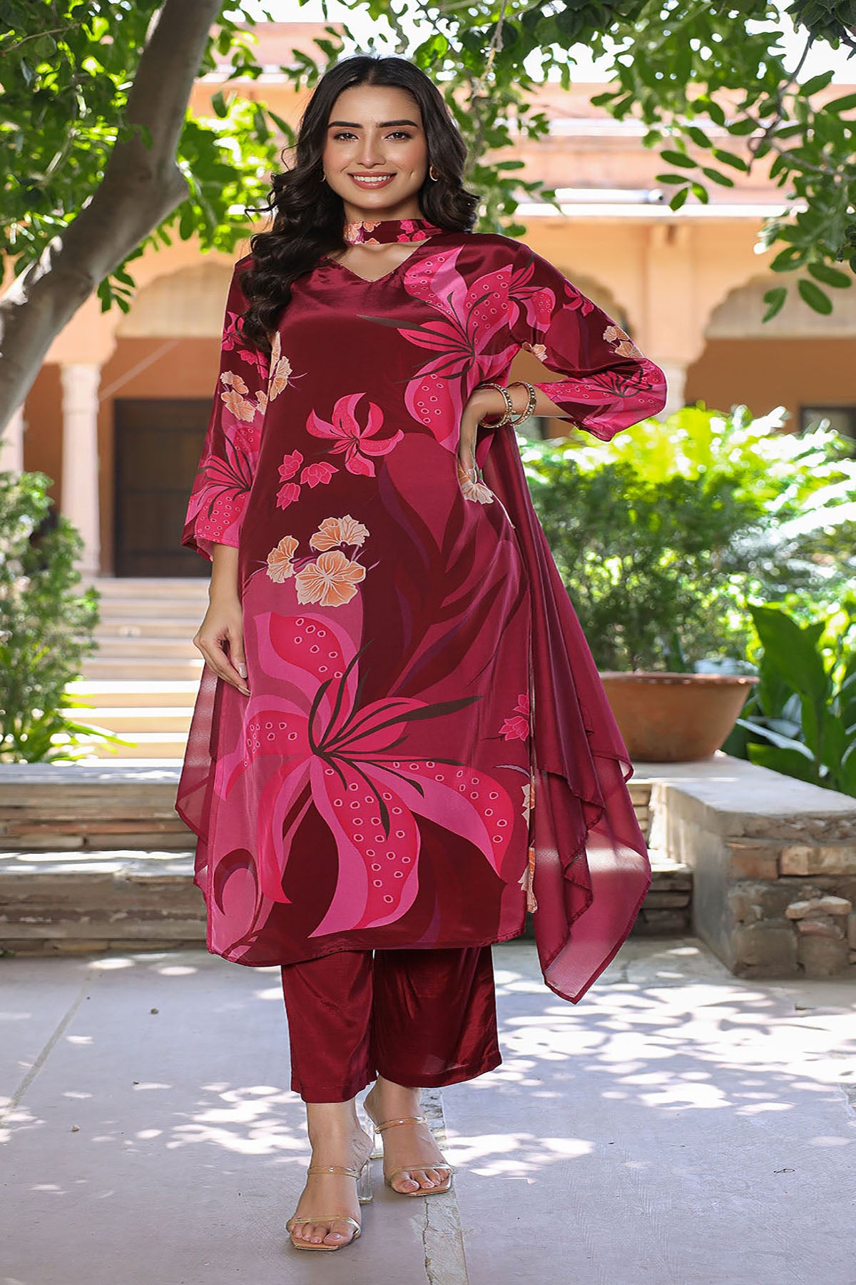 Maroon Viscose Crepe Printed Suit Set