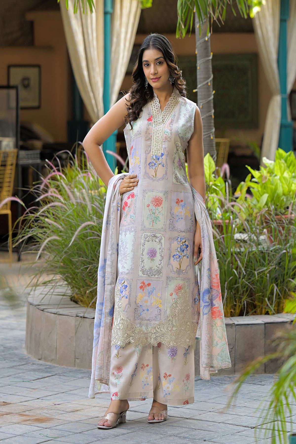 Beige Cotton Embroidered Straight-Cut Suit