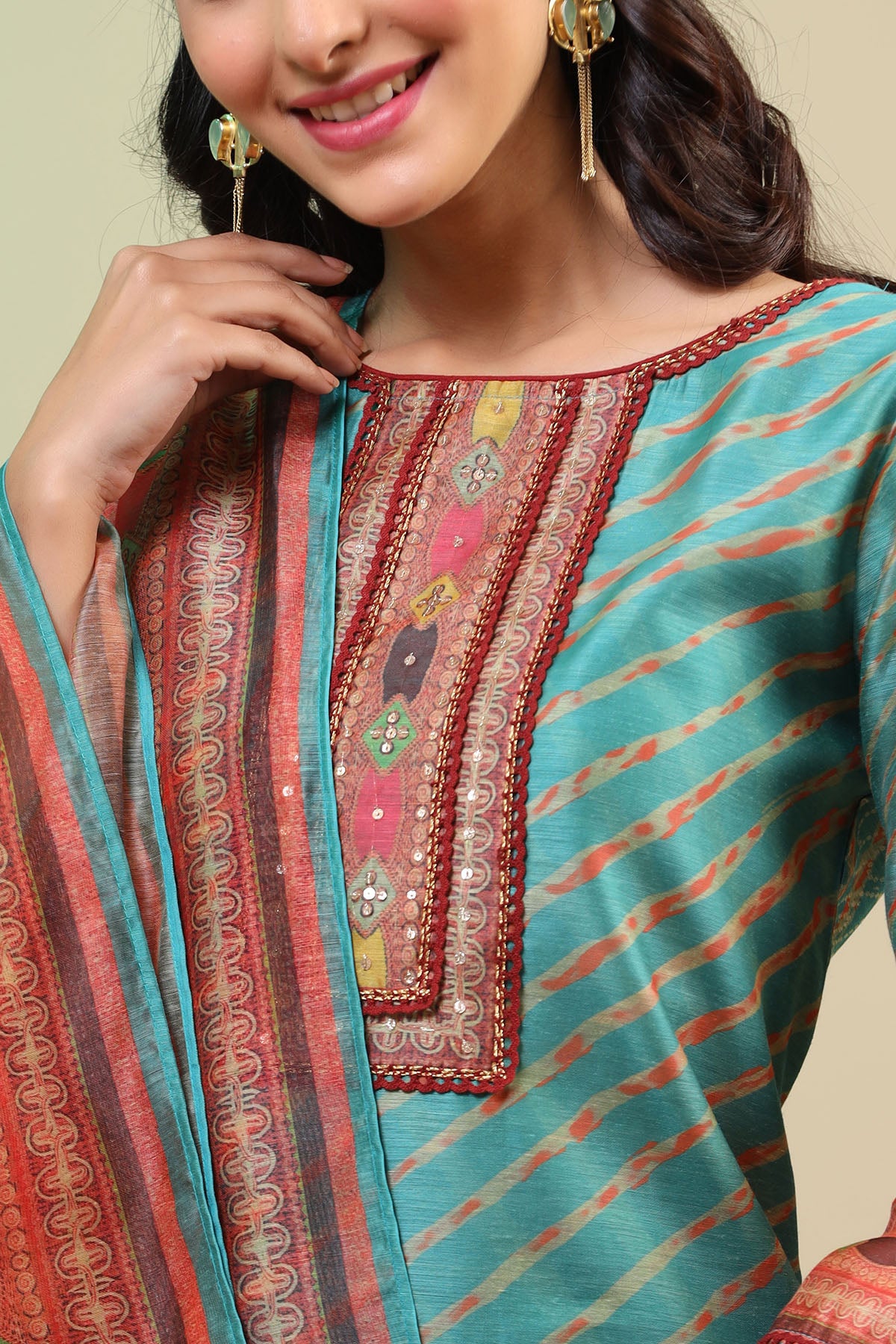 Green Chanderi Printed Straight-Cut Suit