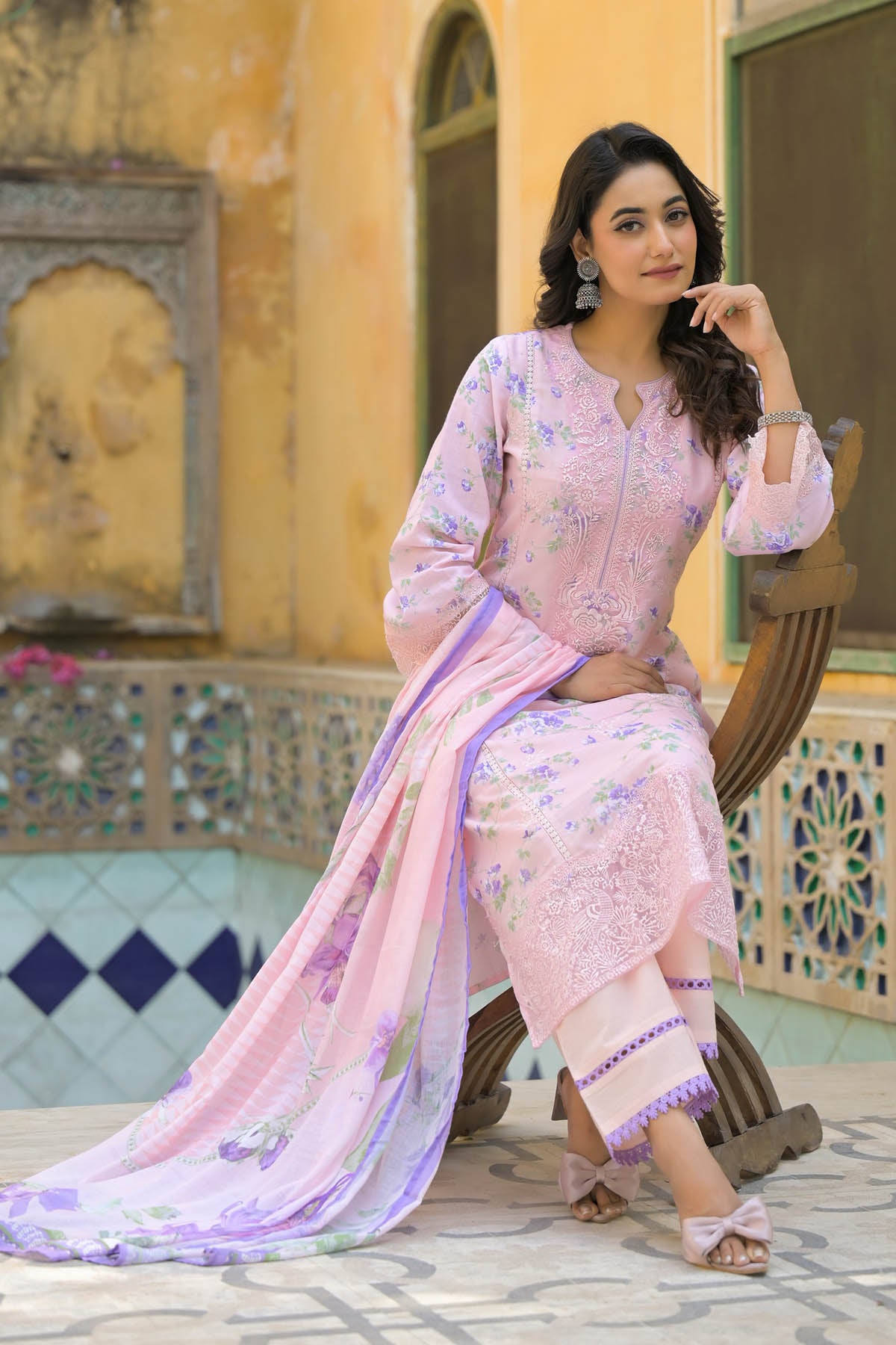 Pink Multicolor Cotton Printed Straight Cut Suit