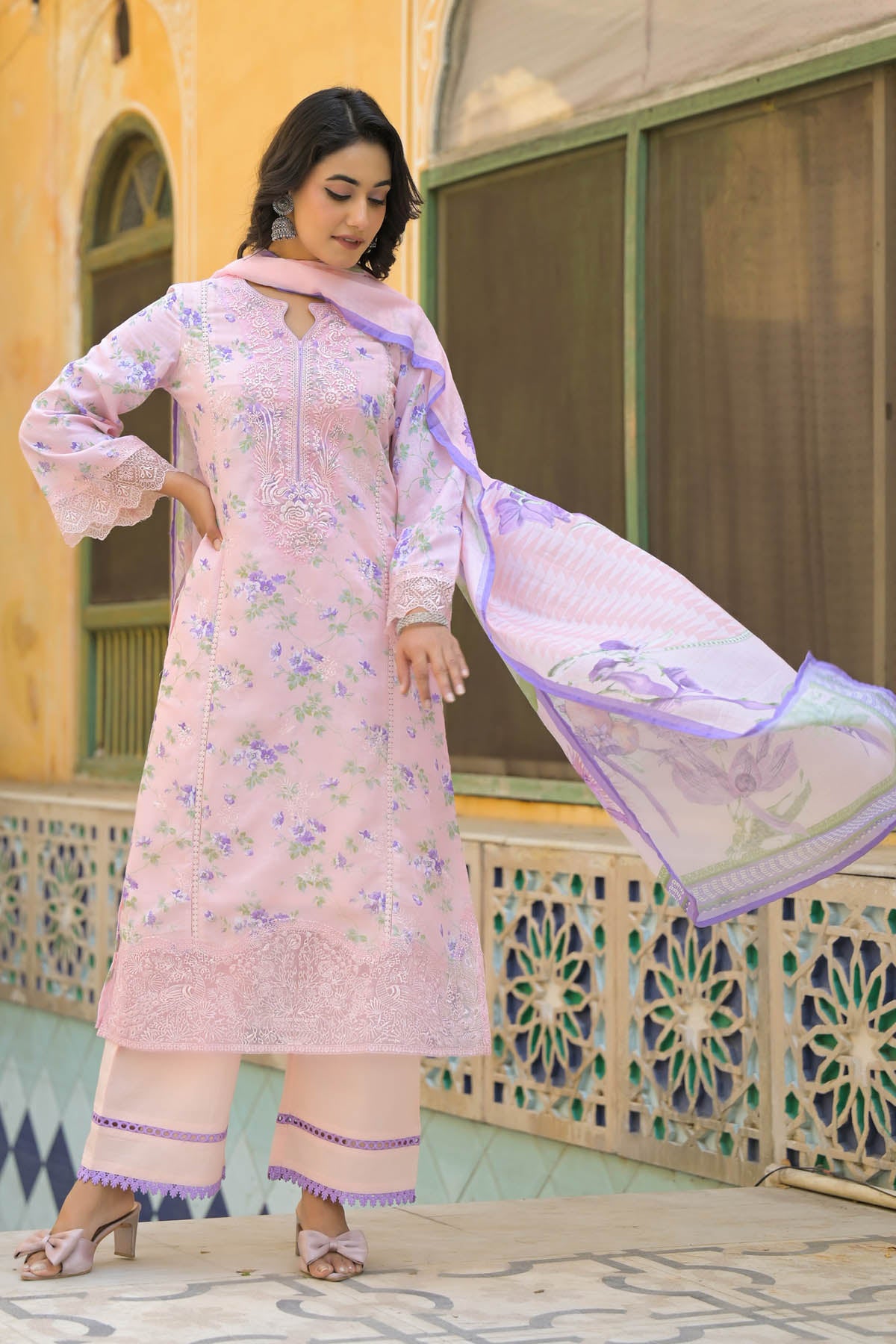 Pink Multicolor Cotton Printed Straight Cut Suit
