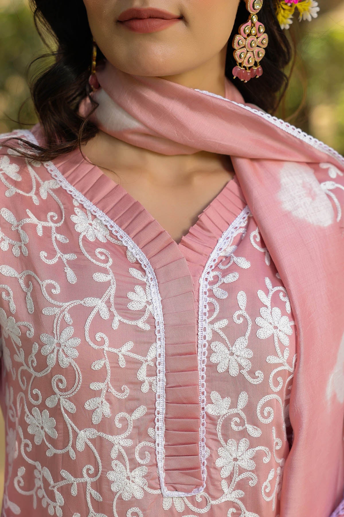 Pink Chanderi Embroidered Straight Cut Suit Set