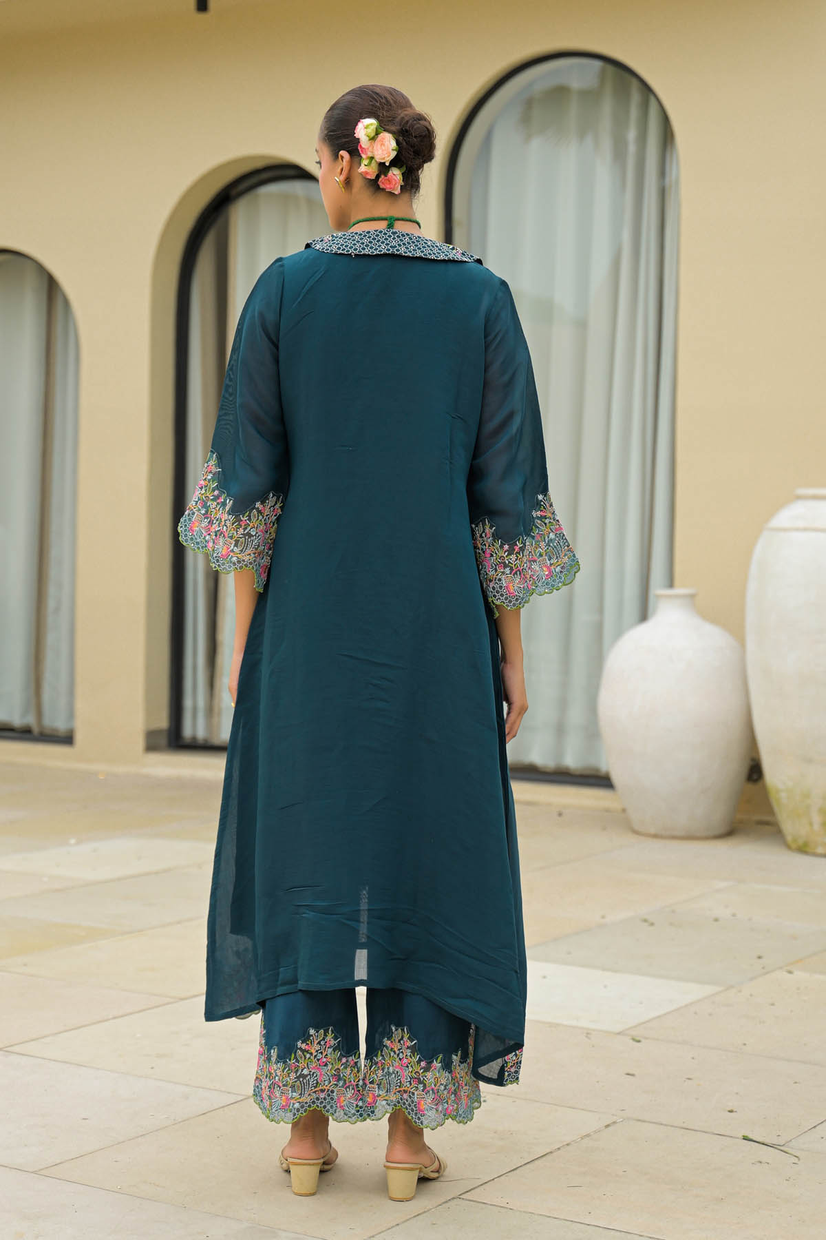 Turquoise Mul Chanderi Embroidered Straight Cut Shrug Set