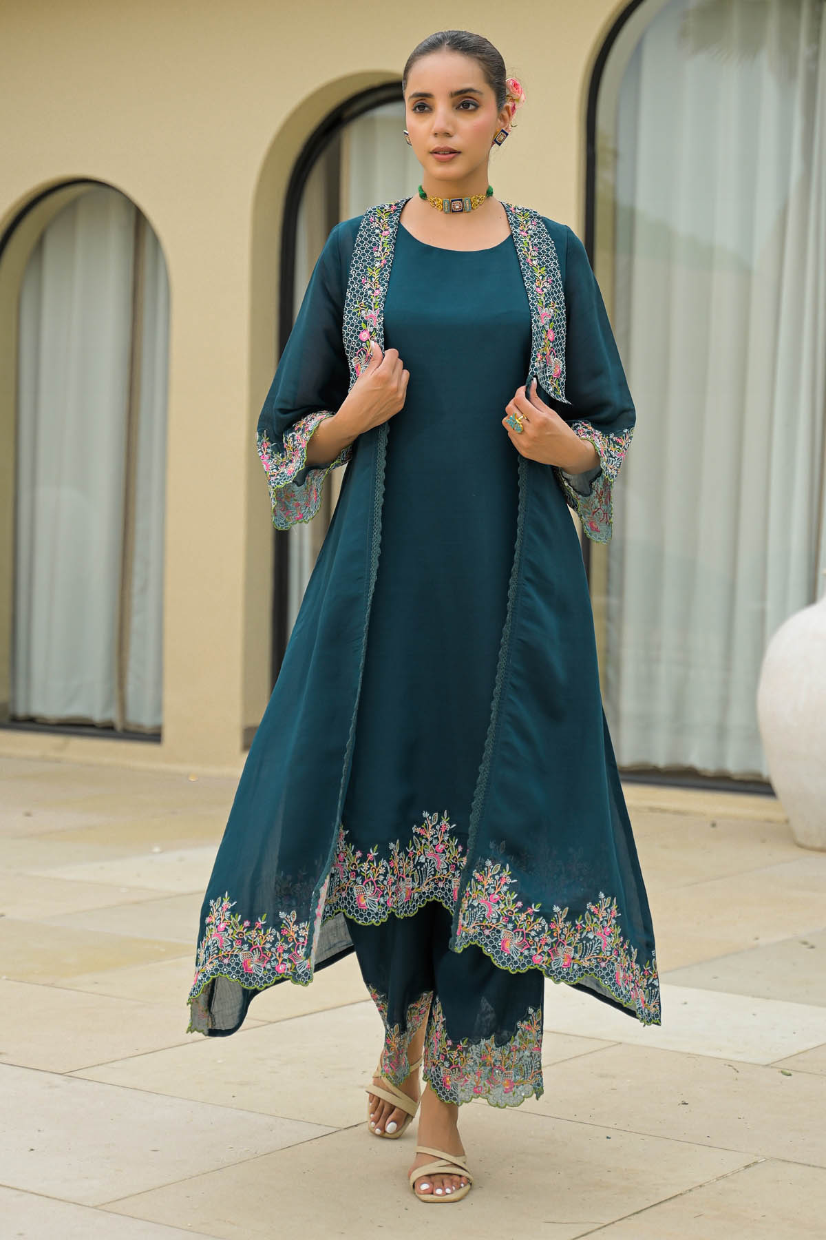 Turquoise Mul Chanderi Embroidered Straight Cut Shrug Set