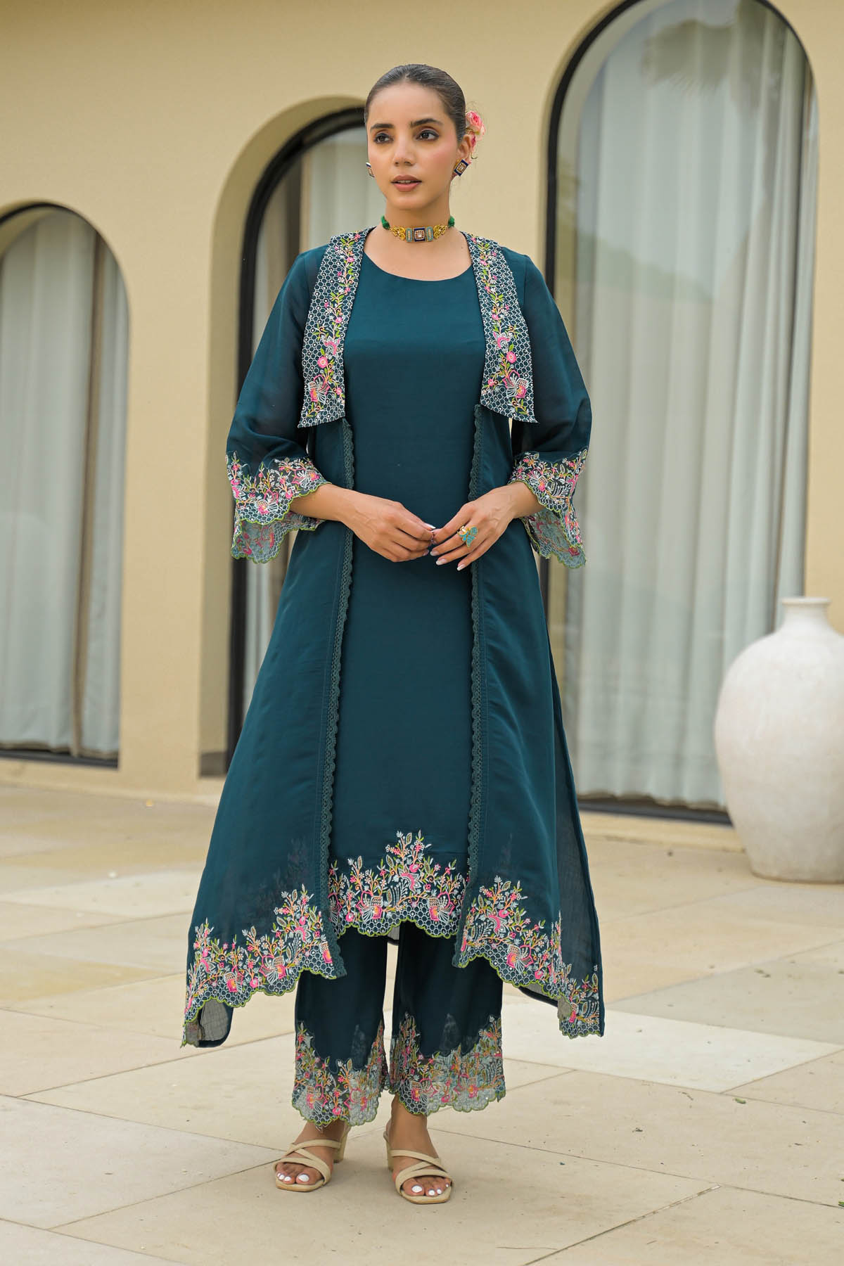 Turquoise Mul Chanderi Embroidered Straight Cut Shrug Set