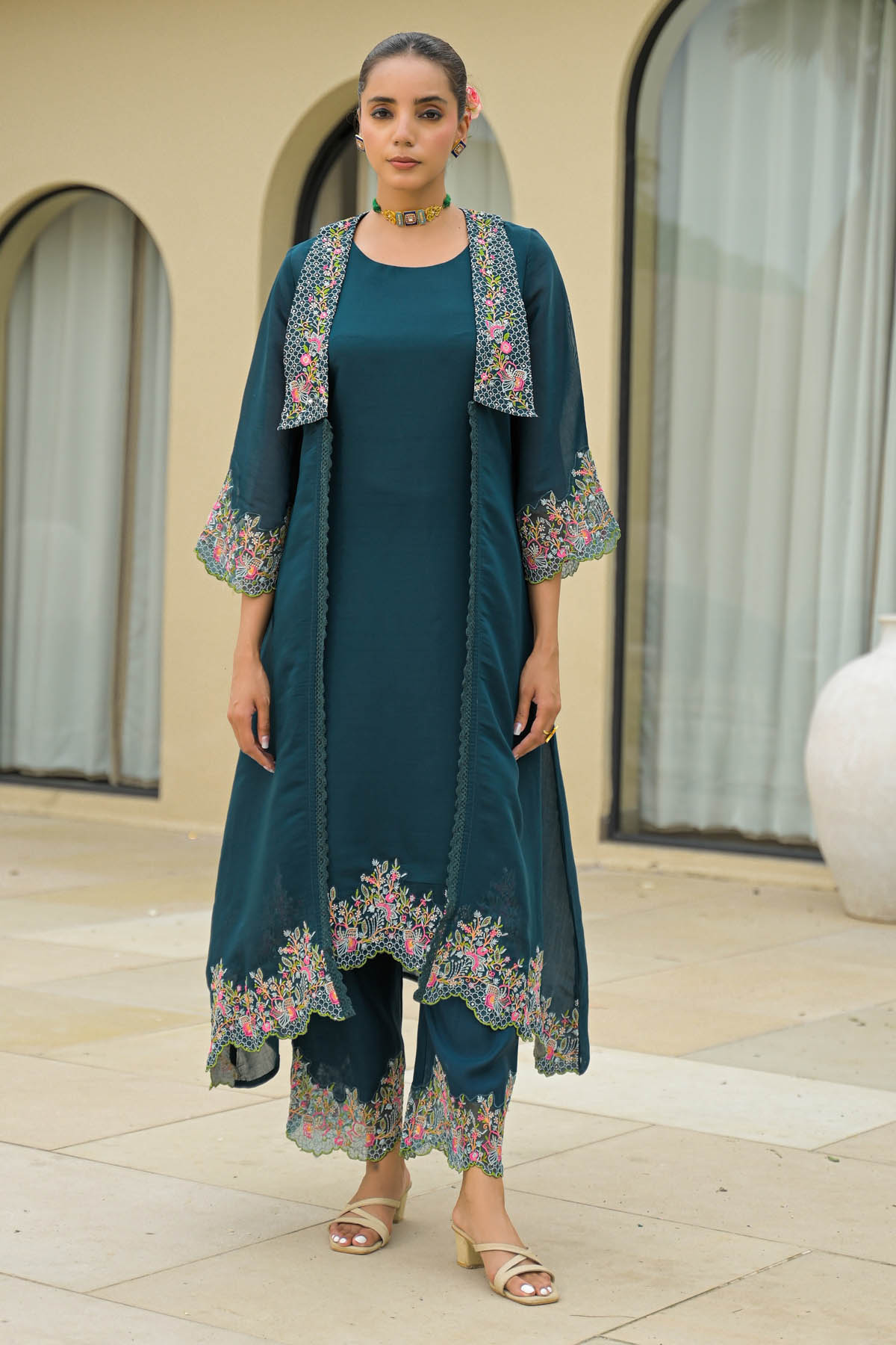 Turquoise Mul Chanderi Embroidered Straight Cut Shrug Set