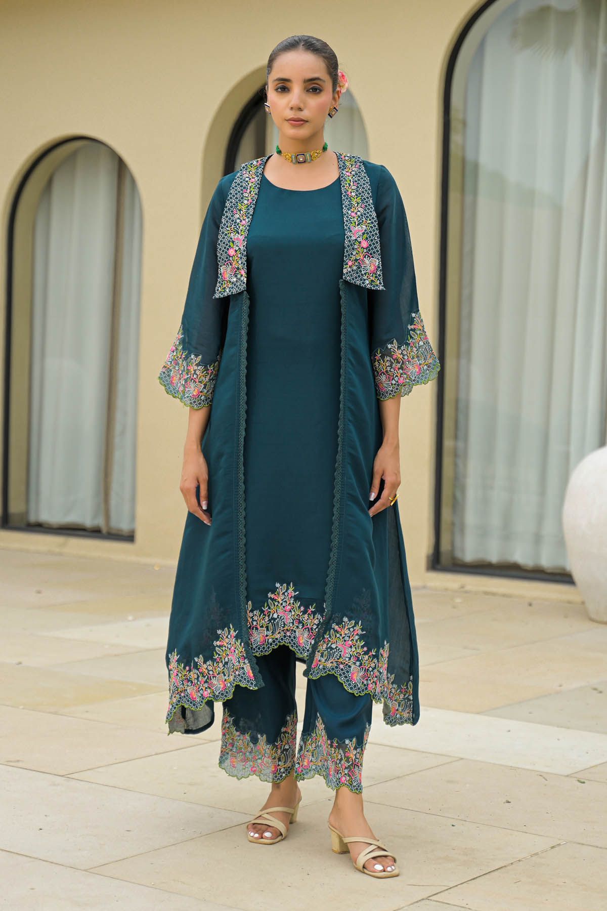 Turquoise Mul Chanderi Embroidered Straight Cut Shrug Set