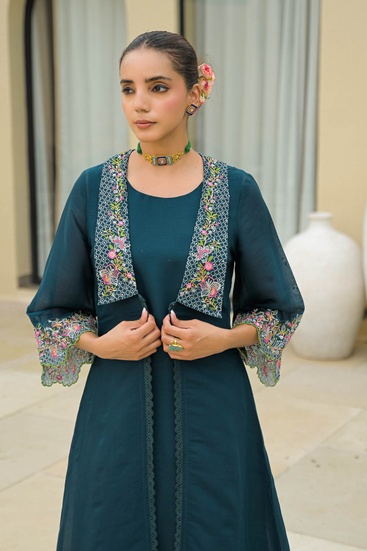 Turquoise Mul Chanderi Embroidered Straight Cut Shrug Set
