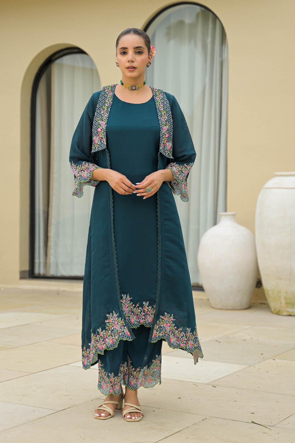 Turquoise Mul Chanderi Embroidered Straight Cut Shrug Set