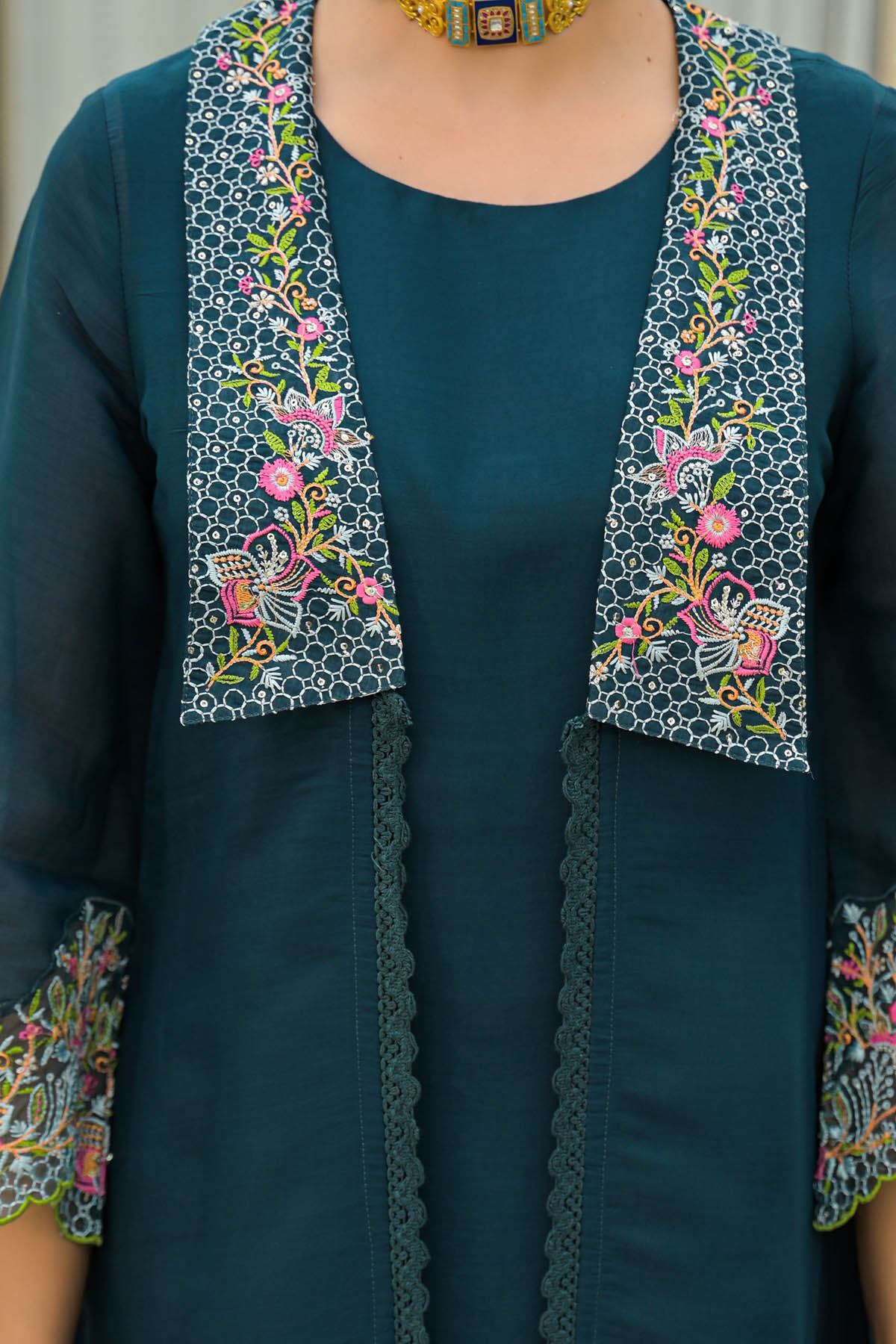 Turquoise Mul Chanderi Embroidered Straight Cut Shrug Set