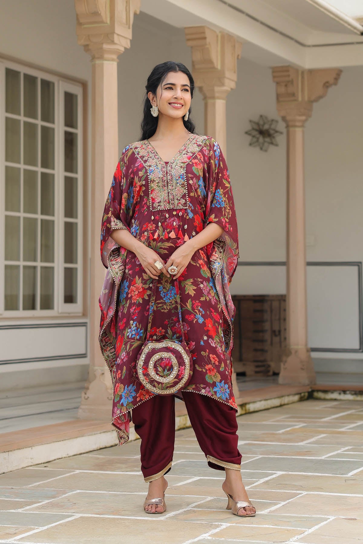 Maroon Chinon Embroidered Kaftan Set with Potli Bag
