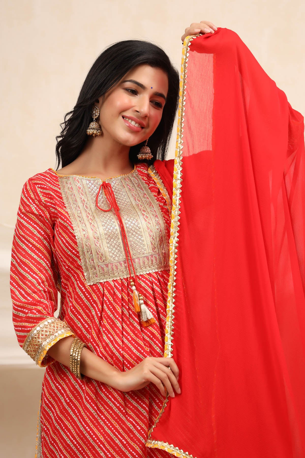 Red Cotton Gotapatti Straight-Cut Suit