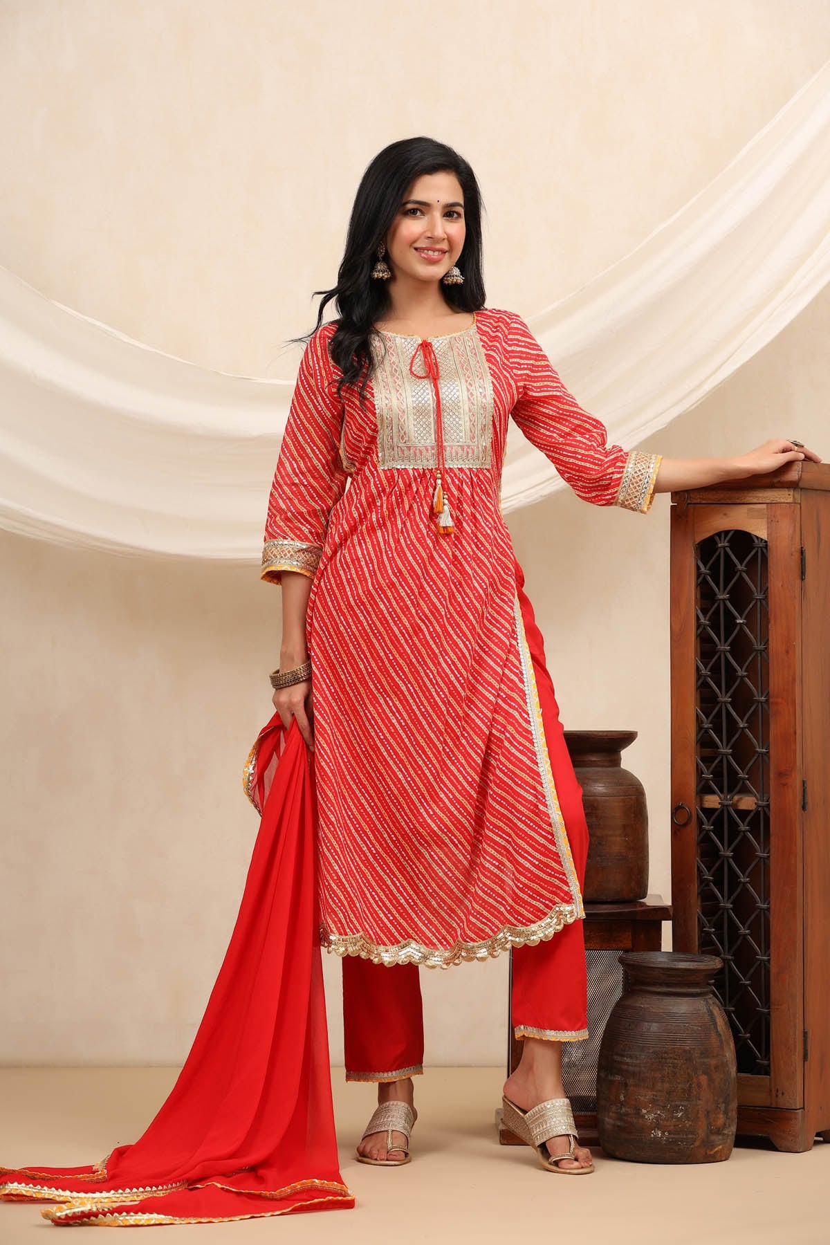 Red Cotton Gotapatti Straight-Cut Suit