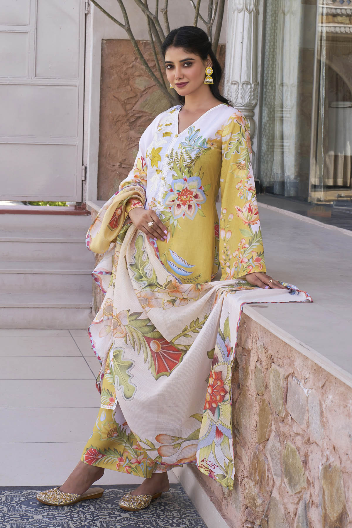 Yellow Cotton Printed Straight Suit Set