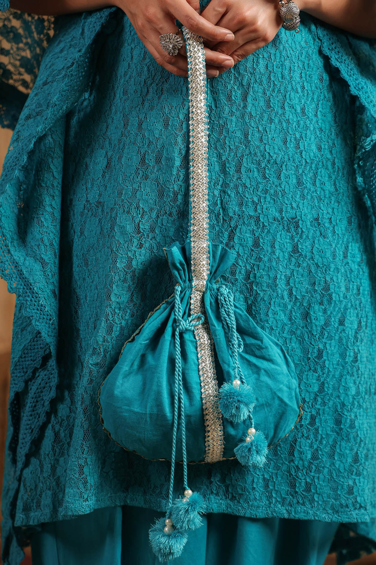 Blue Schiffli Net Kaftan Set With Potli Bag