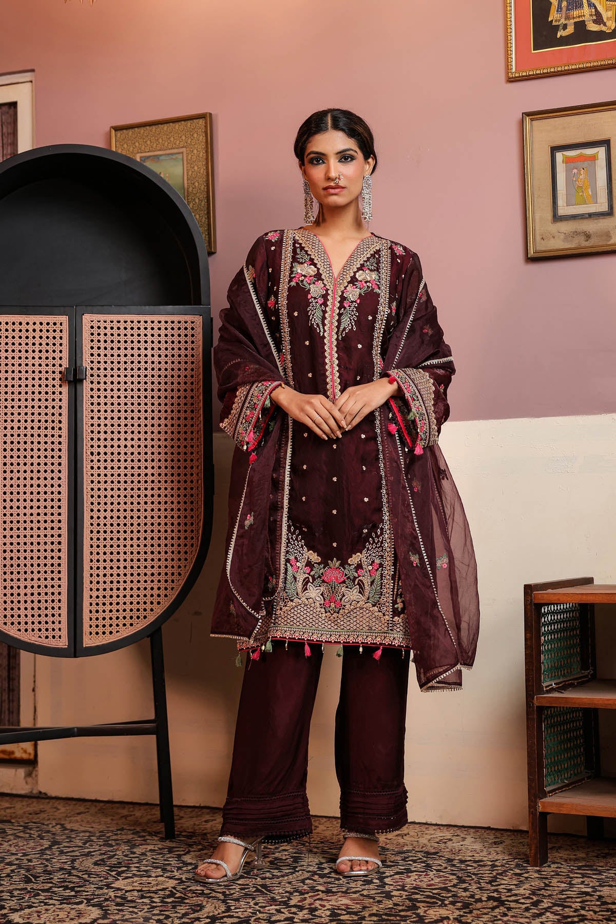 Maroon Shimmer Embroidered Pakistani Suit Set