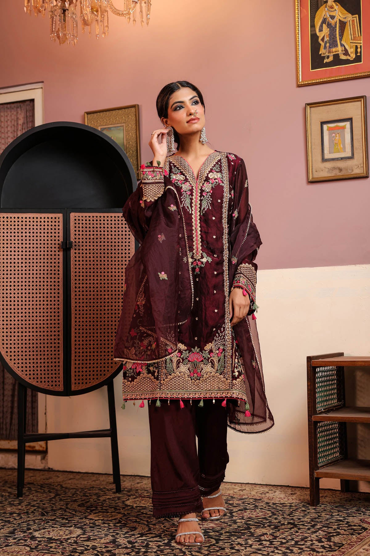 Maroon Shimmer Embroidered Pakistani Suit Set