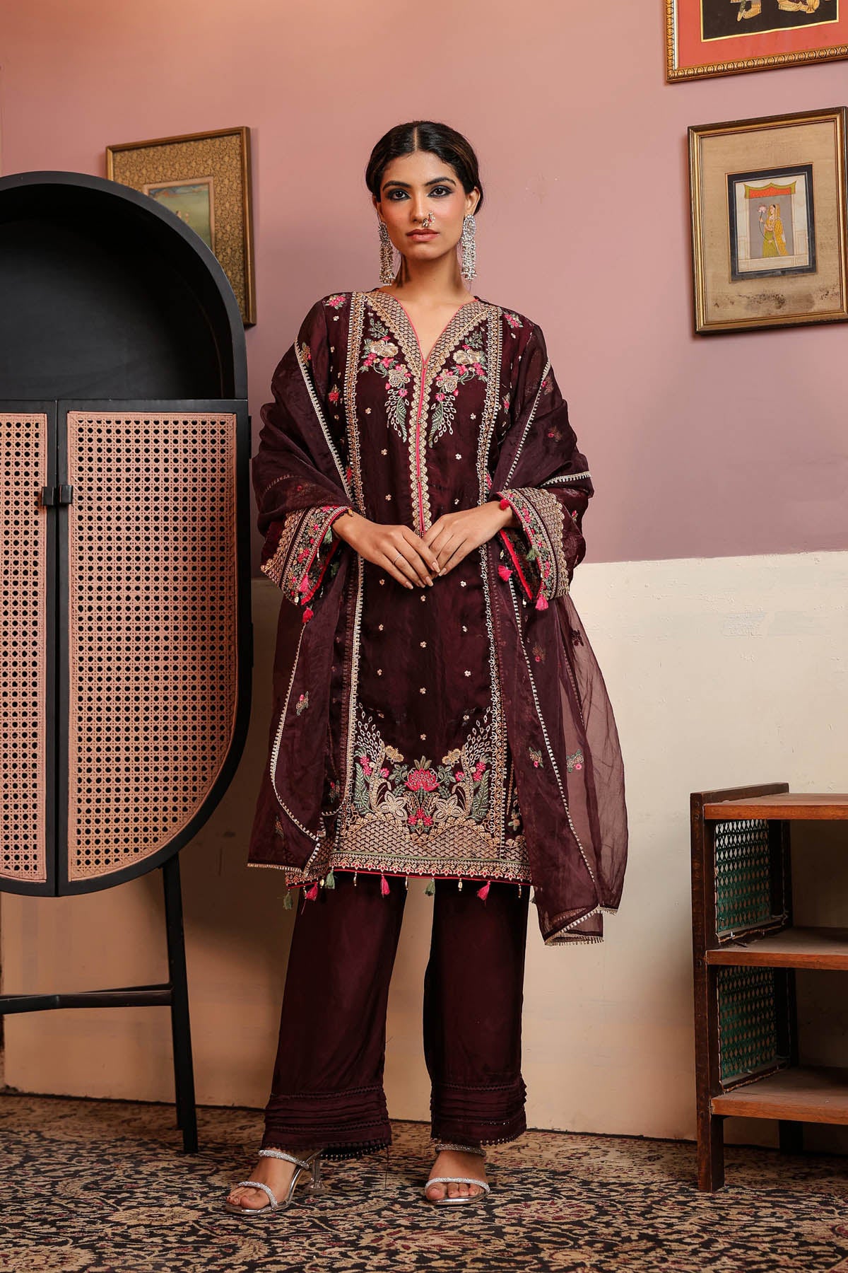 Maroon Shimmer Embroidered Pakistani Suit Set