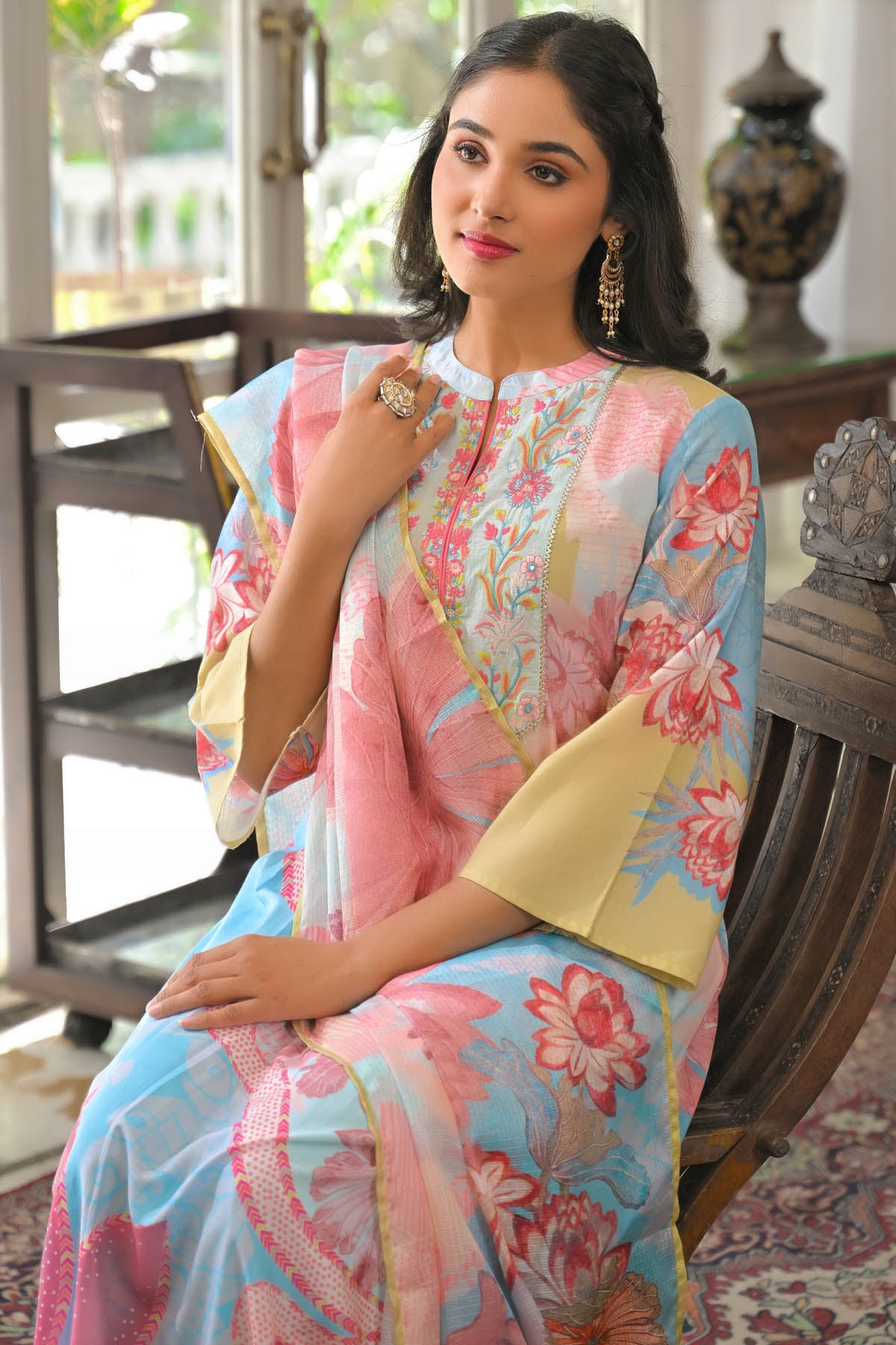 Blue Multicolor Cotton Embroidered A-Line Suit Set | Bairaas