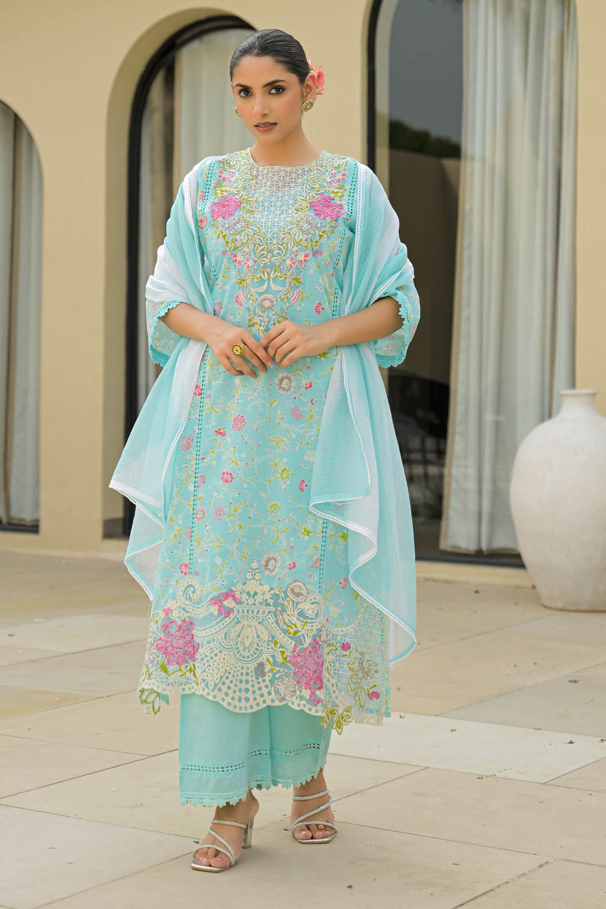 Sky Cotton Embroidered Straight Cut Suit Set