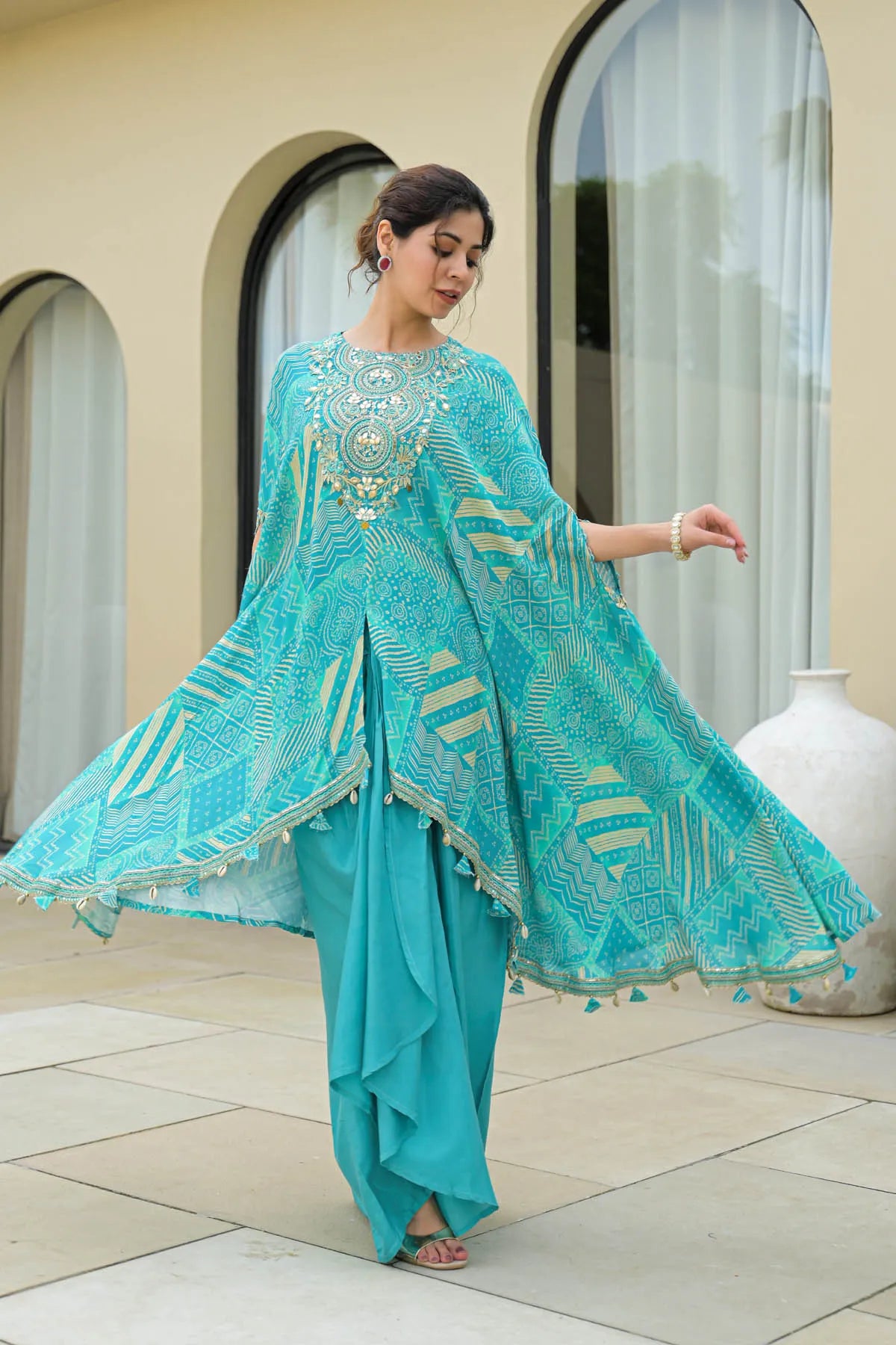 Sky Muslin Embroidered Western Dress