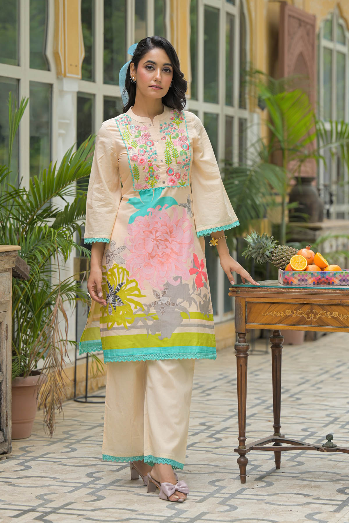 Peach Cotton Embroidered Co-Ord Set