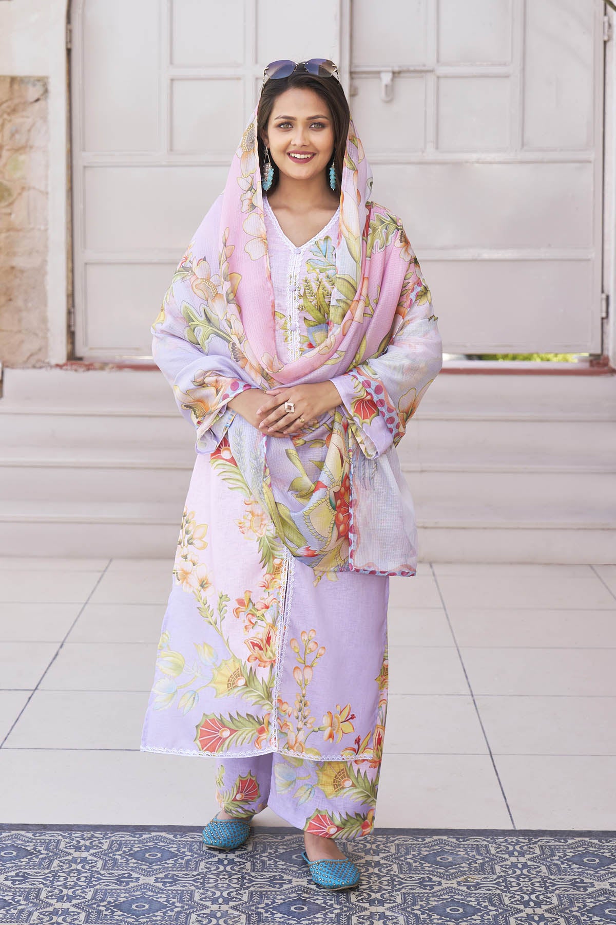 Lavender Cotton Printed Straight Suit Set
