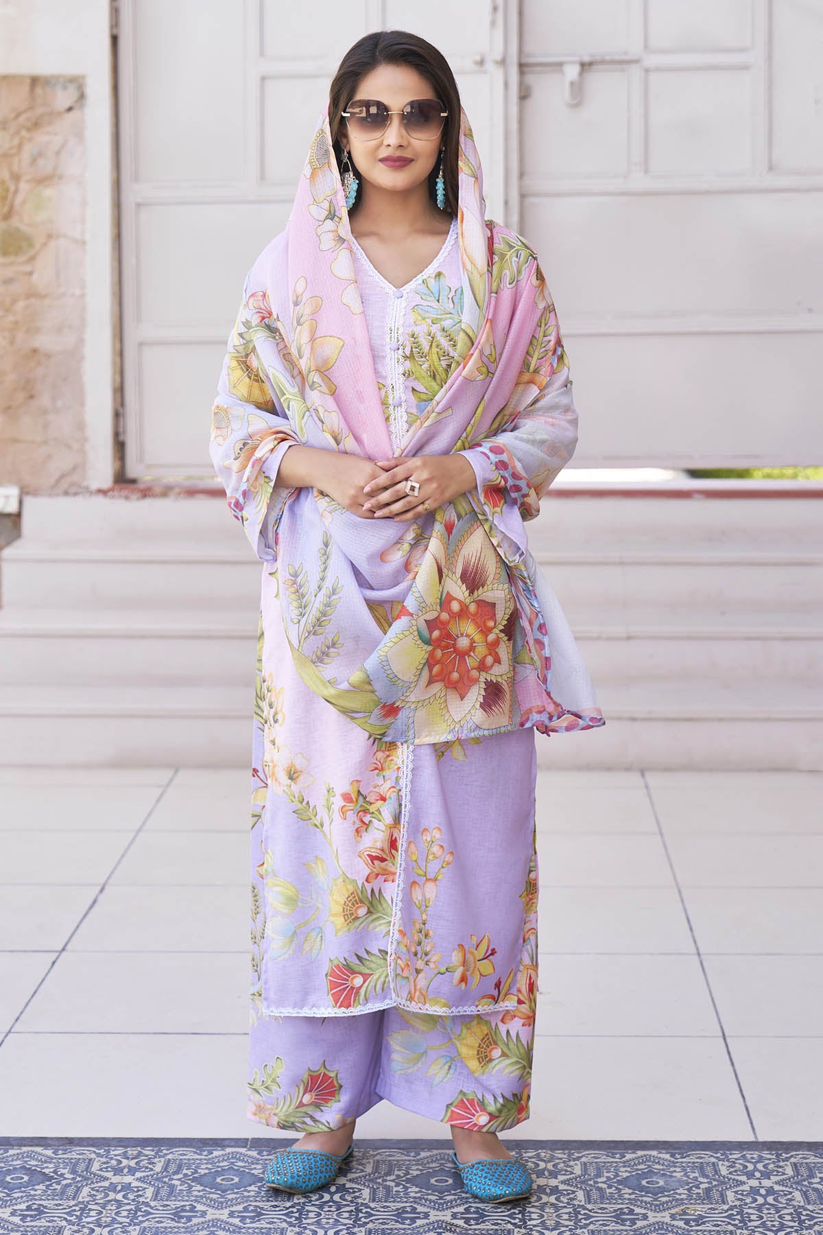Lavender Cotton Printed Straight Suit Set