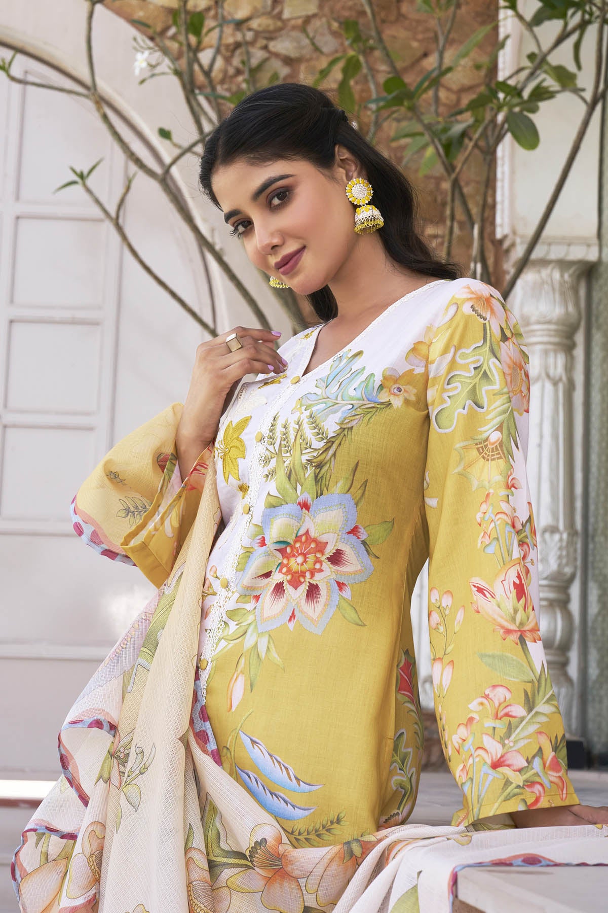 Yellow Cotton Printed Straight Suit Set