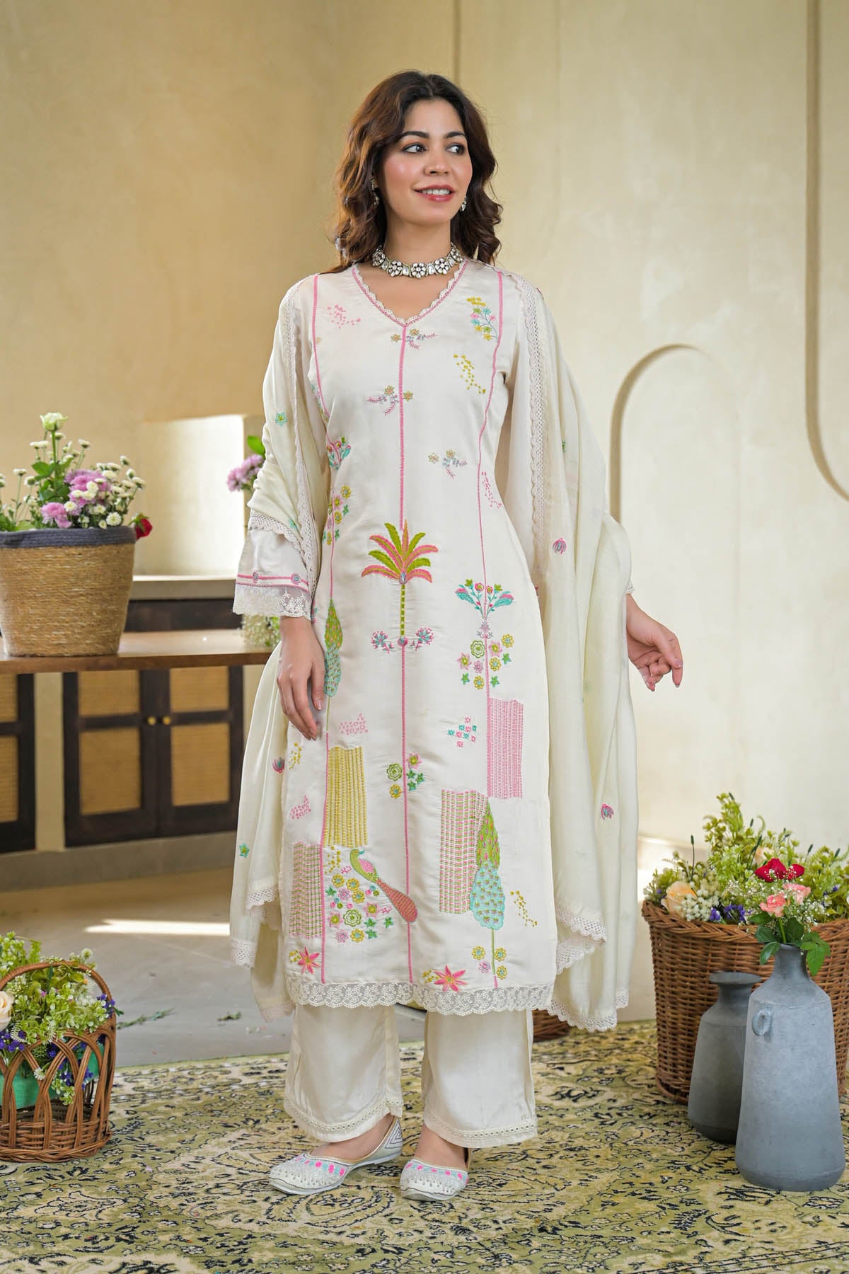 White Mul Chanderi Embroidered Straight Cut Suit Set