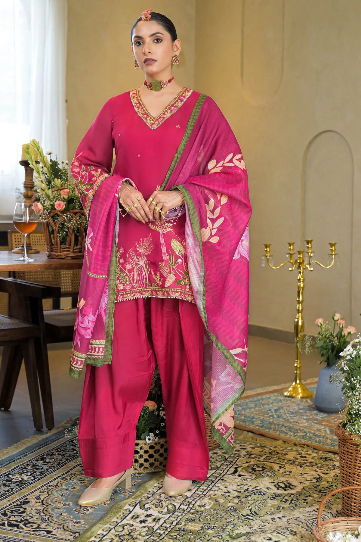 Pink Chanderi Embroidered Farsi Salwar Set | Bairaas