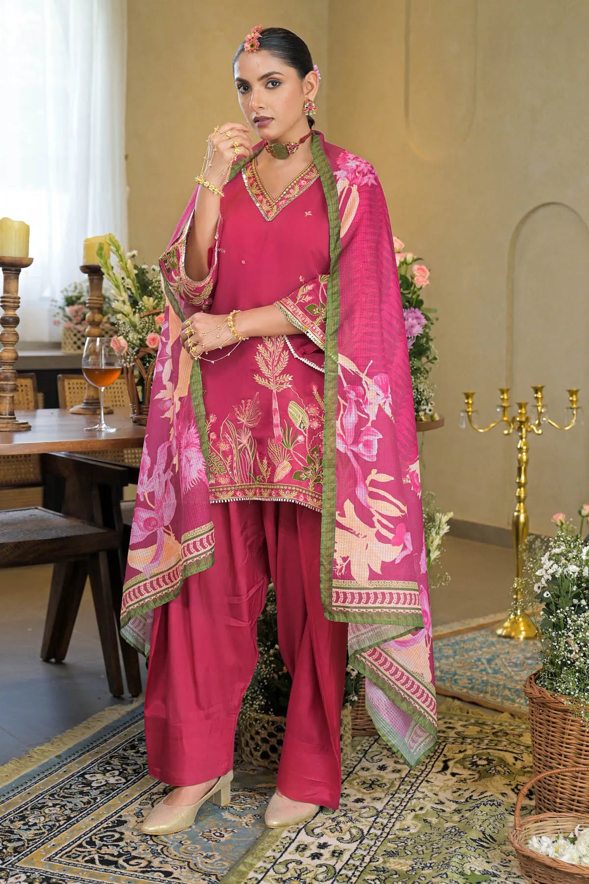 Pink Chanderi Embroidered Farsi Salwar Set | Bairaas