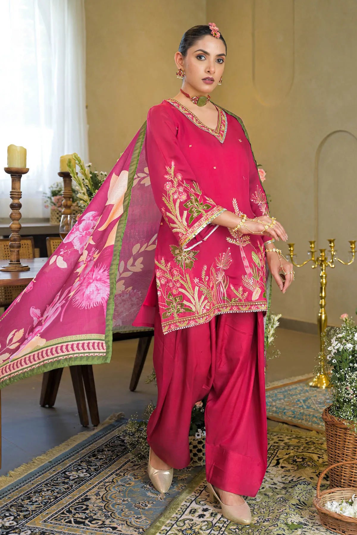Pink Chanderi Embroidered Farsi Salwar Set | Bairaas