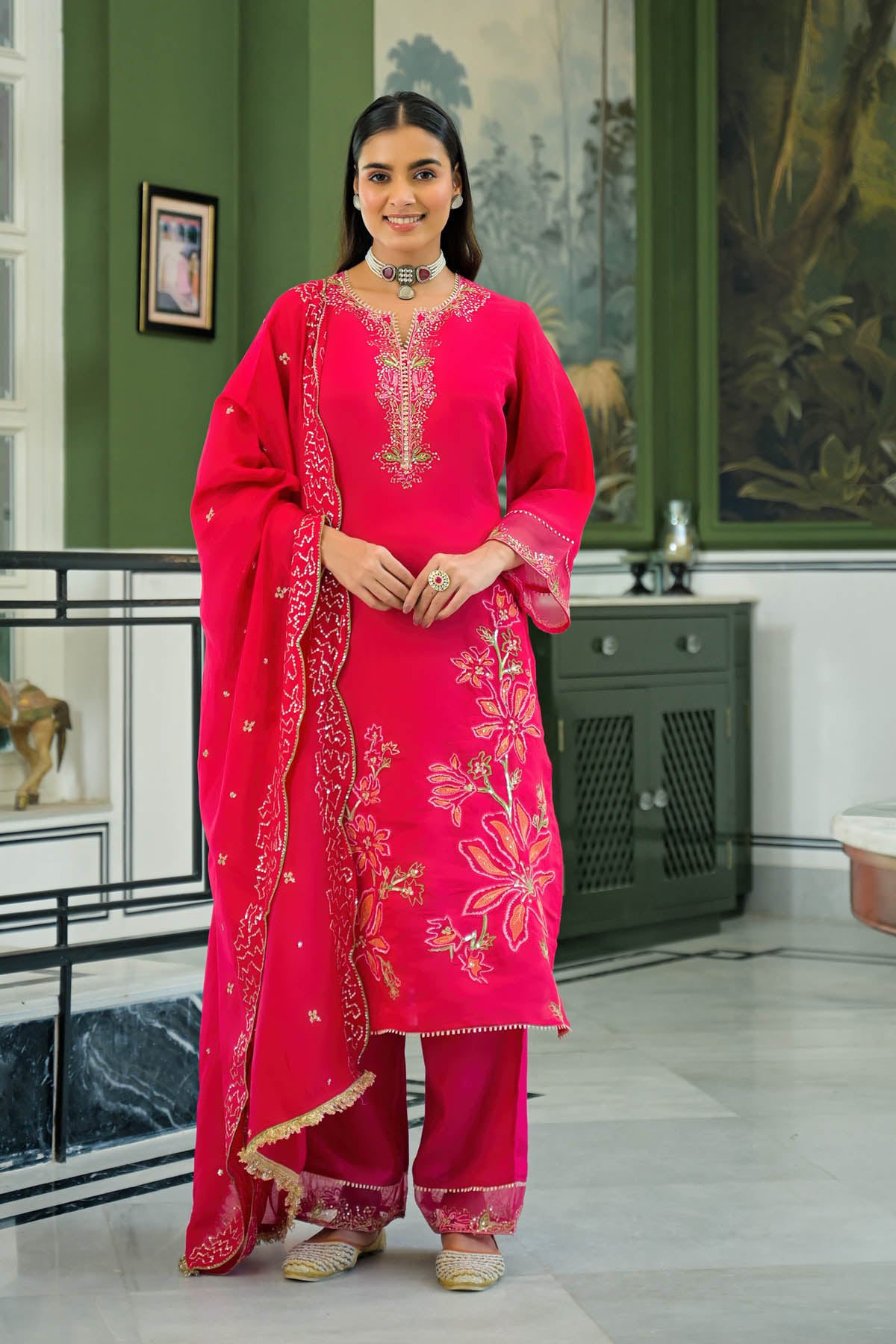 Pink Chanderi Embroidered Pakistani Suit Set | Bairaas