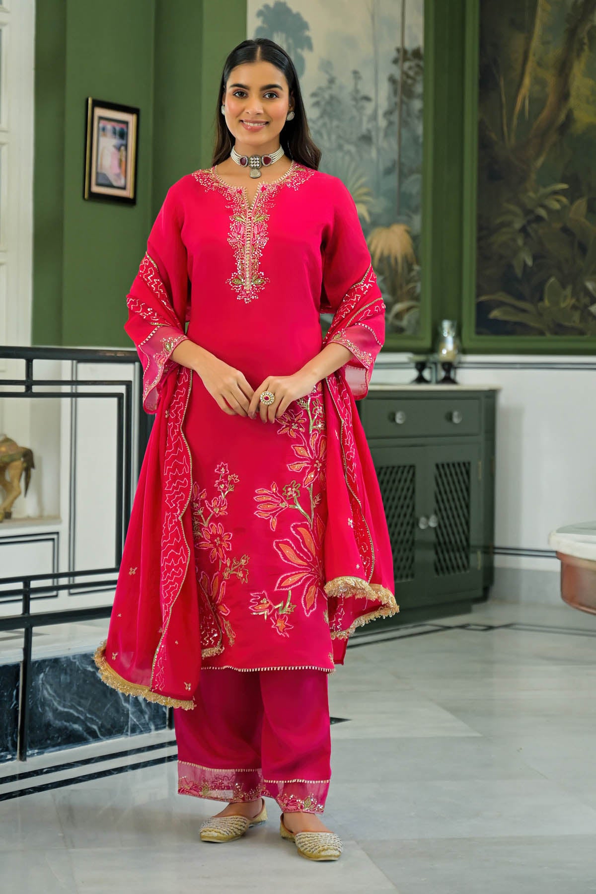 Pink Chanderi Embroidered Pakistani Suit Set | Bairaas