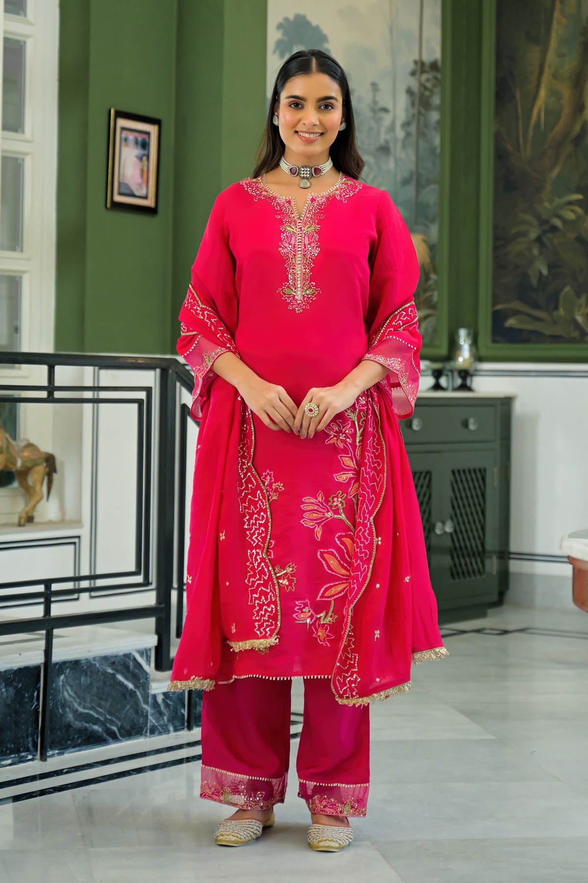 Pink Chanderi Embroidered Pakistani Suit Set | Bairaas