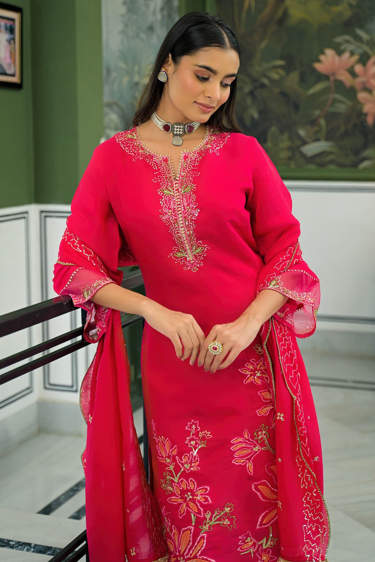 Pink Chanderi Embroidered Pakistani Suit Set | Bairaas